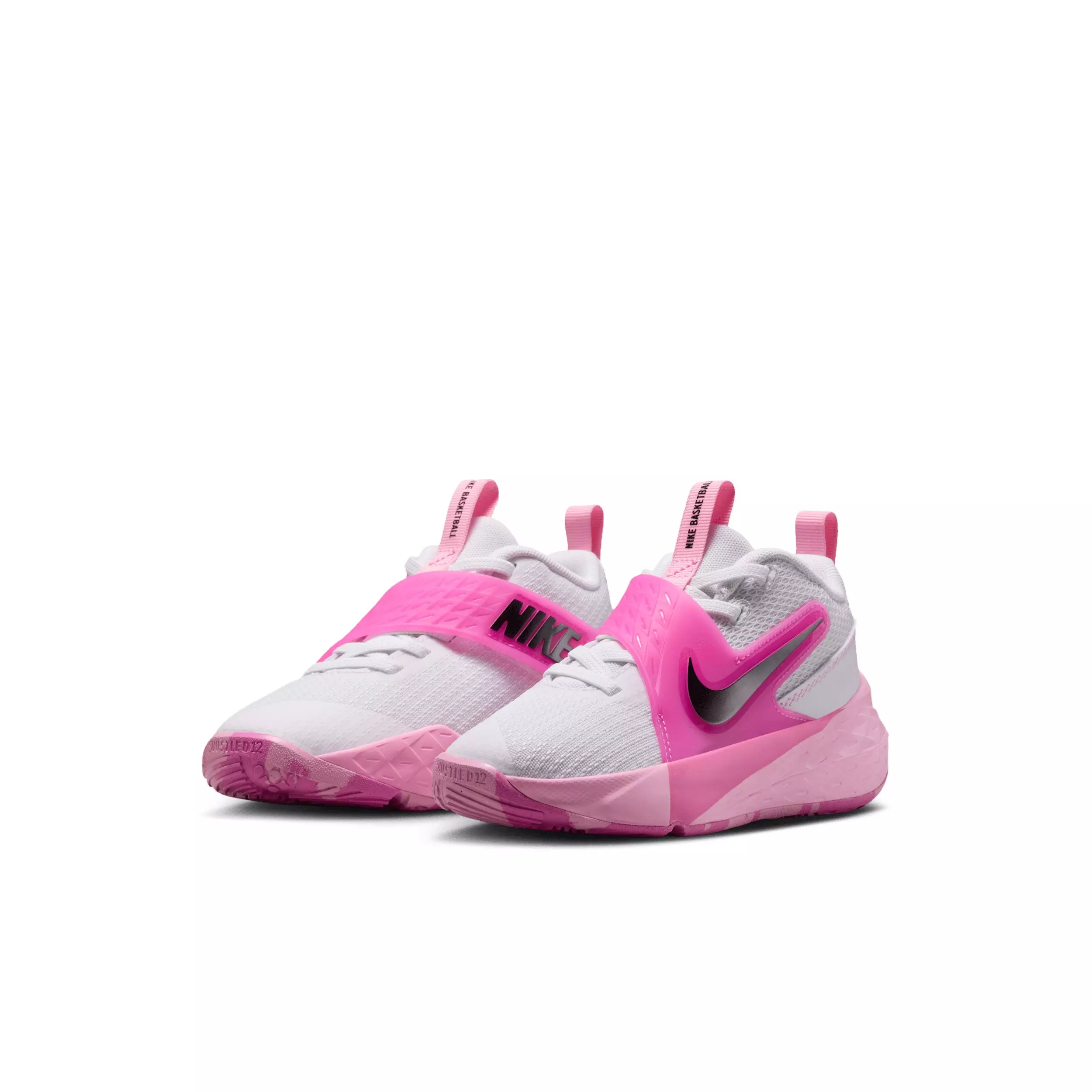 Nike Team Hustle D 12 "White/Pink Rise/Playful Pink/Black" Preschool Girls' Basketball Shoe - WHITE/PINK/PINK/BLACK