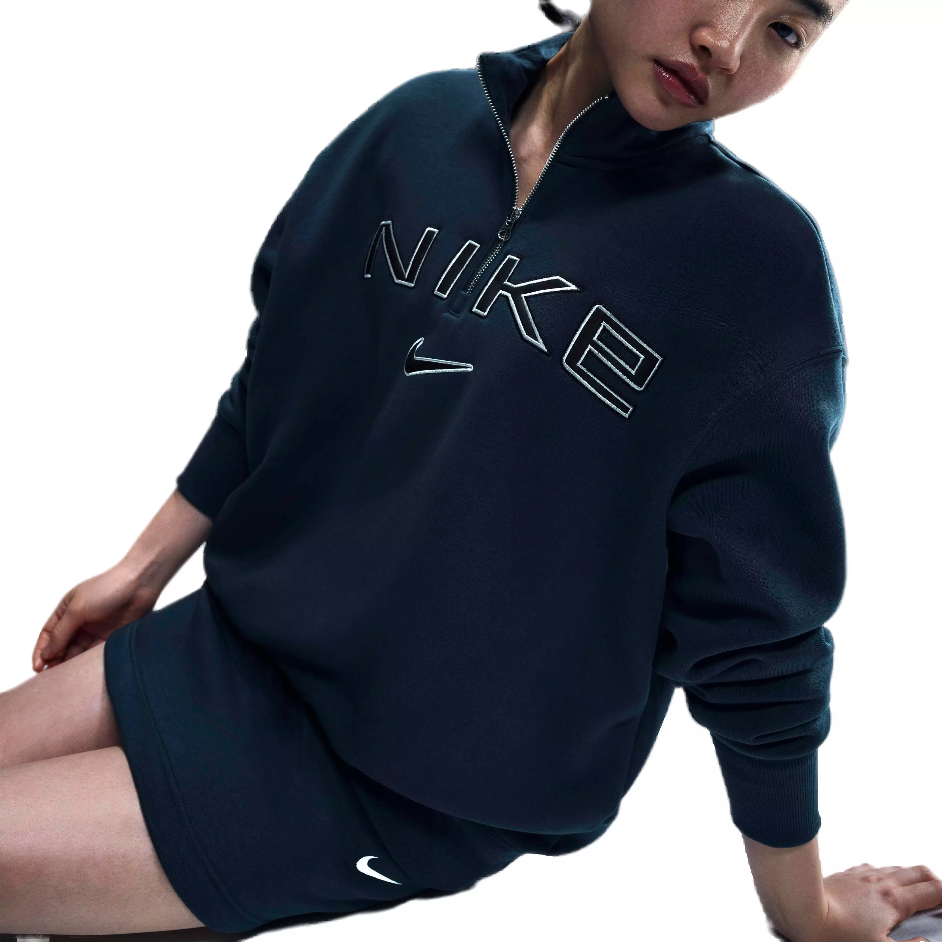 Nike Women's Sportswear Poenix Fleece Oversized 1/4-Zip Logo Top - NAVY