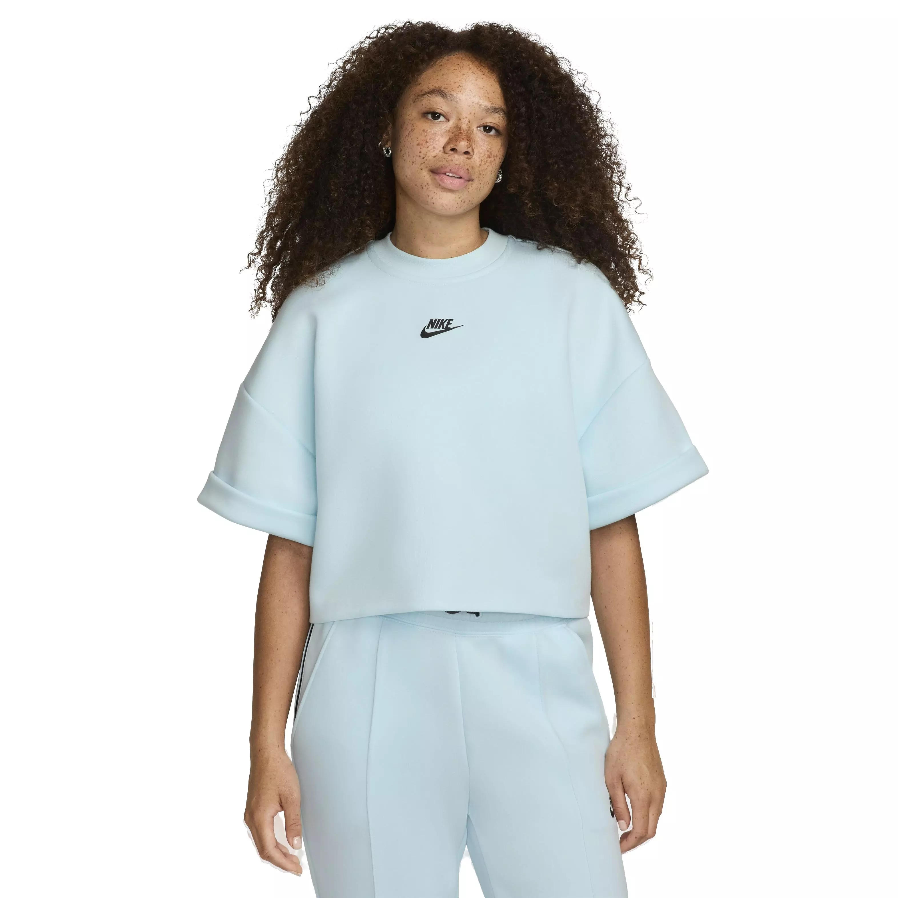 Nike Women's Sportswear Tech Fleece Oversized Short-Sleeve Cropped Top - BLUE
