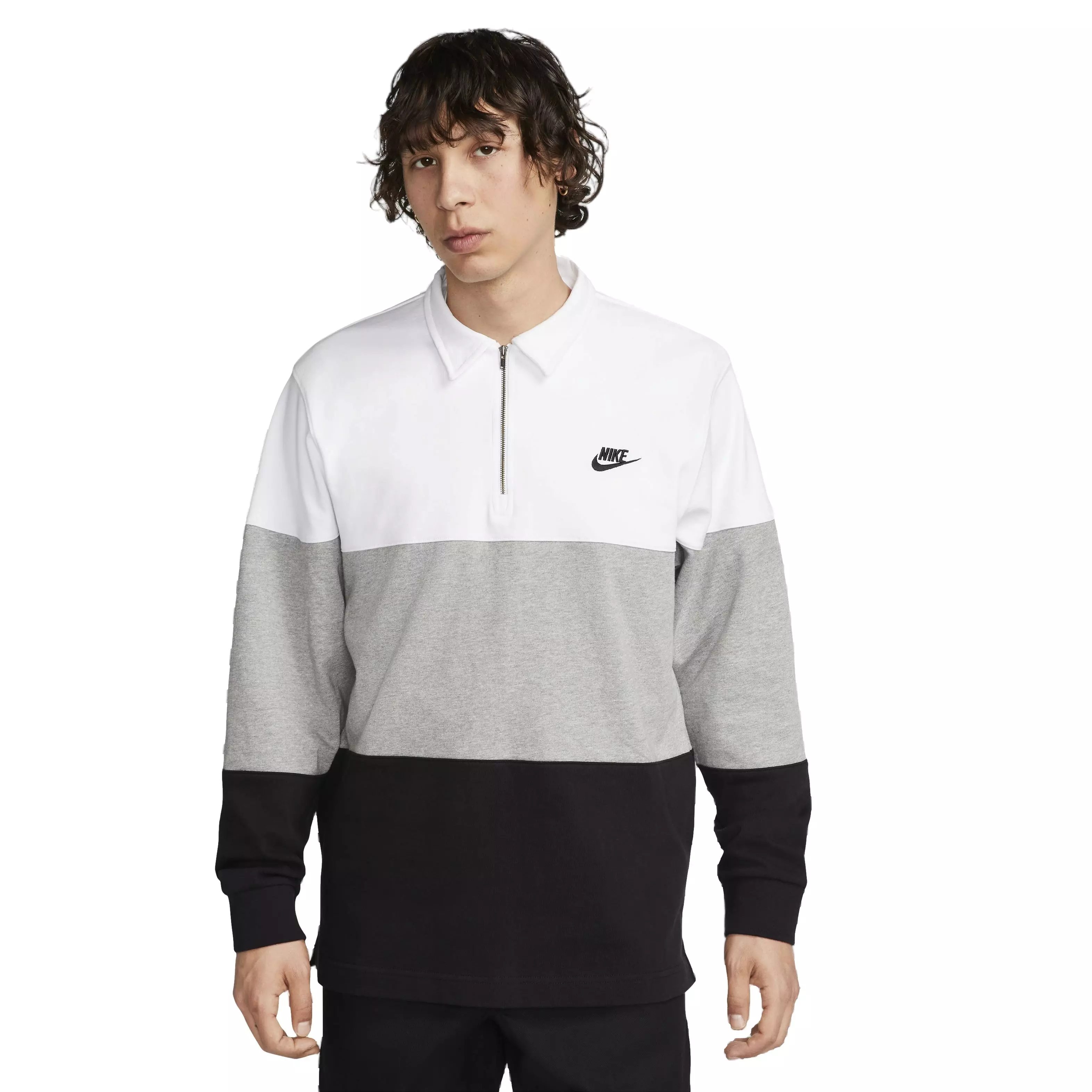 Nike Men's Club Knit CB Long-Sleeve Top -White/Grey/Black - WHITE/GREY/BLACK