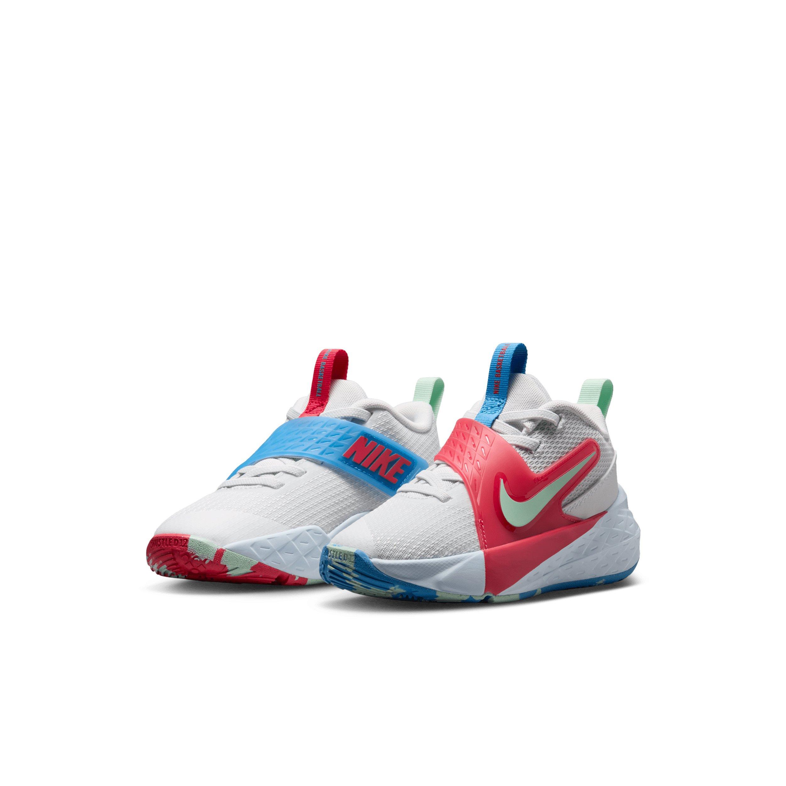 Nike Team Hustle D 12 "Off White/Aurora Blue/Pink/Arctic Green" Preschool Boys' Basketball Shoe - OFF WHITE/BLUE/PINK/GREEN