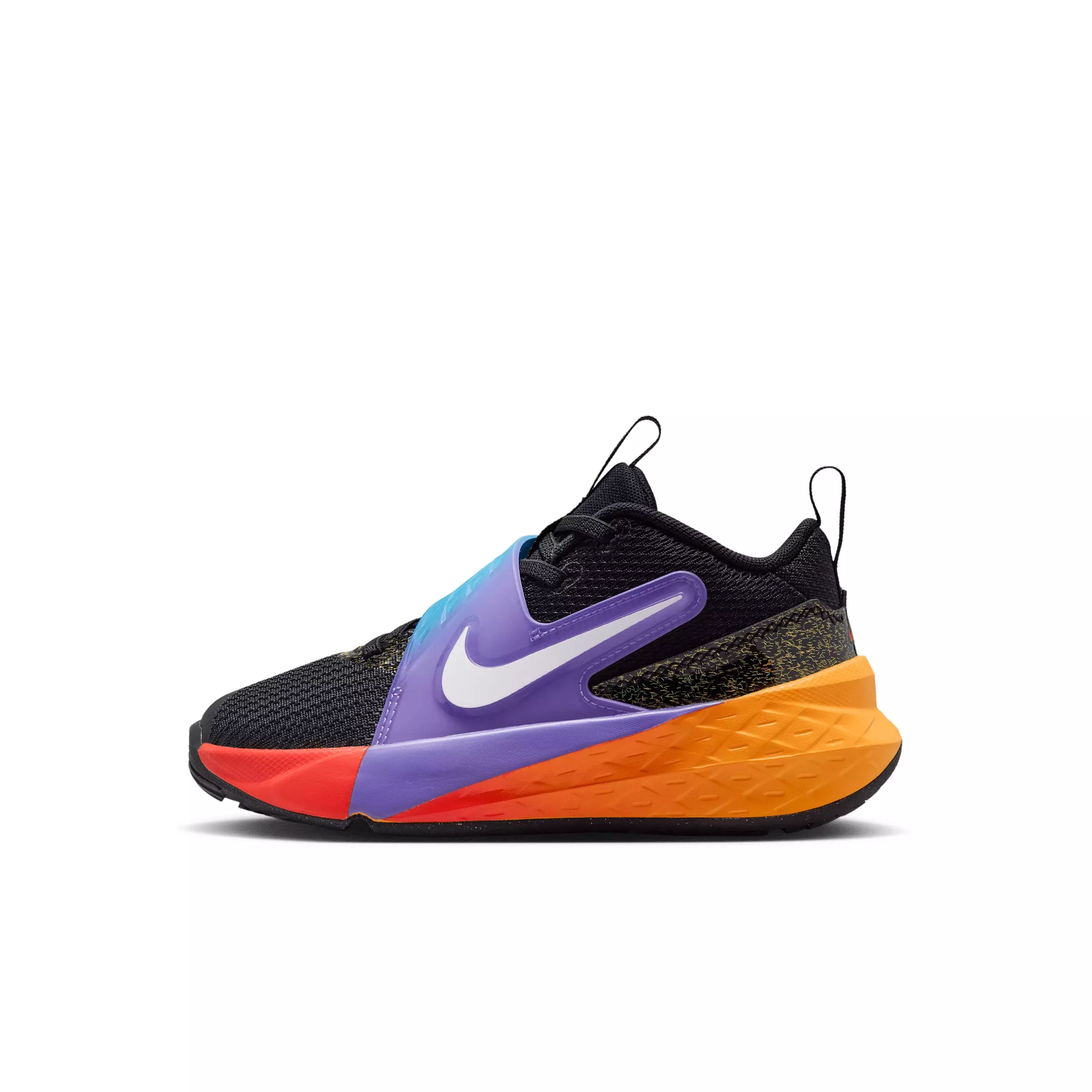 Nike Team Hustle D 12 "Black/Laser Orange/Action Grape/White" Preschool Boys' Basketball Shoe - BLACK/ORANGE/GRAPE/WHITE