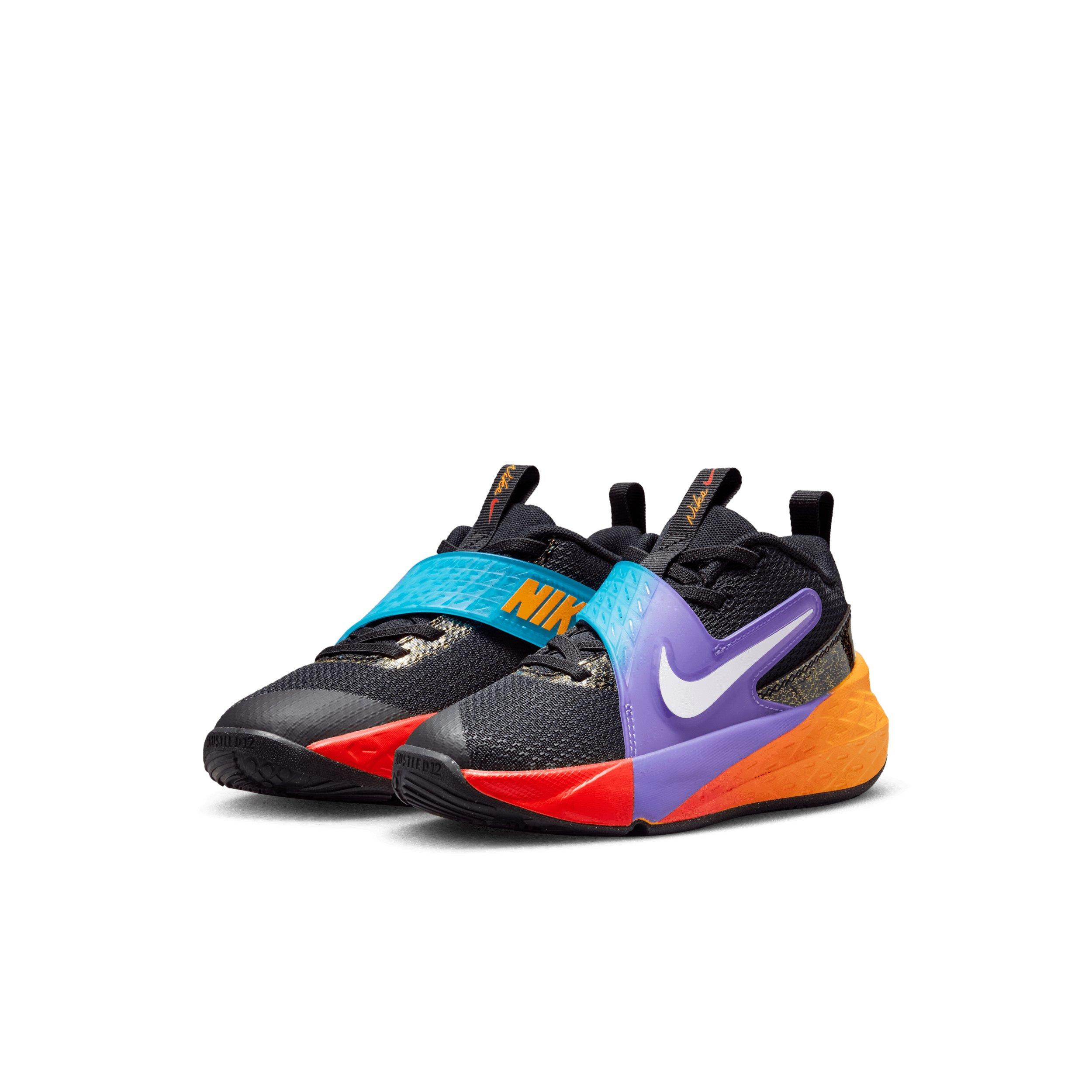 Nike Team Hustle D 12 "Black/Laser Orange/Action Grape/White" Preschool Boys' Basketball Shoe - BLACK/ORANGE/GRAPE/WHITE