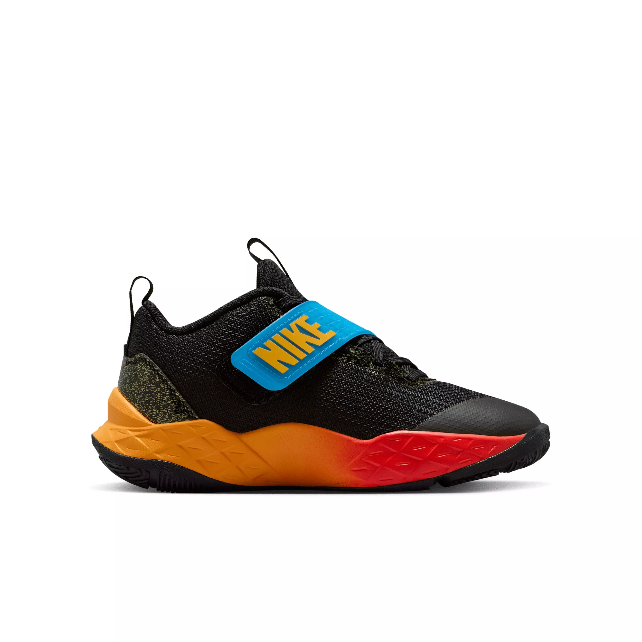 Nike Team Hustle D 12 "Black/Laser Orange/Action Grape/White" Grade School Boys' Basketball Shoe - BLACK/ORANGE/GRAPE/WHITE