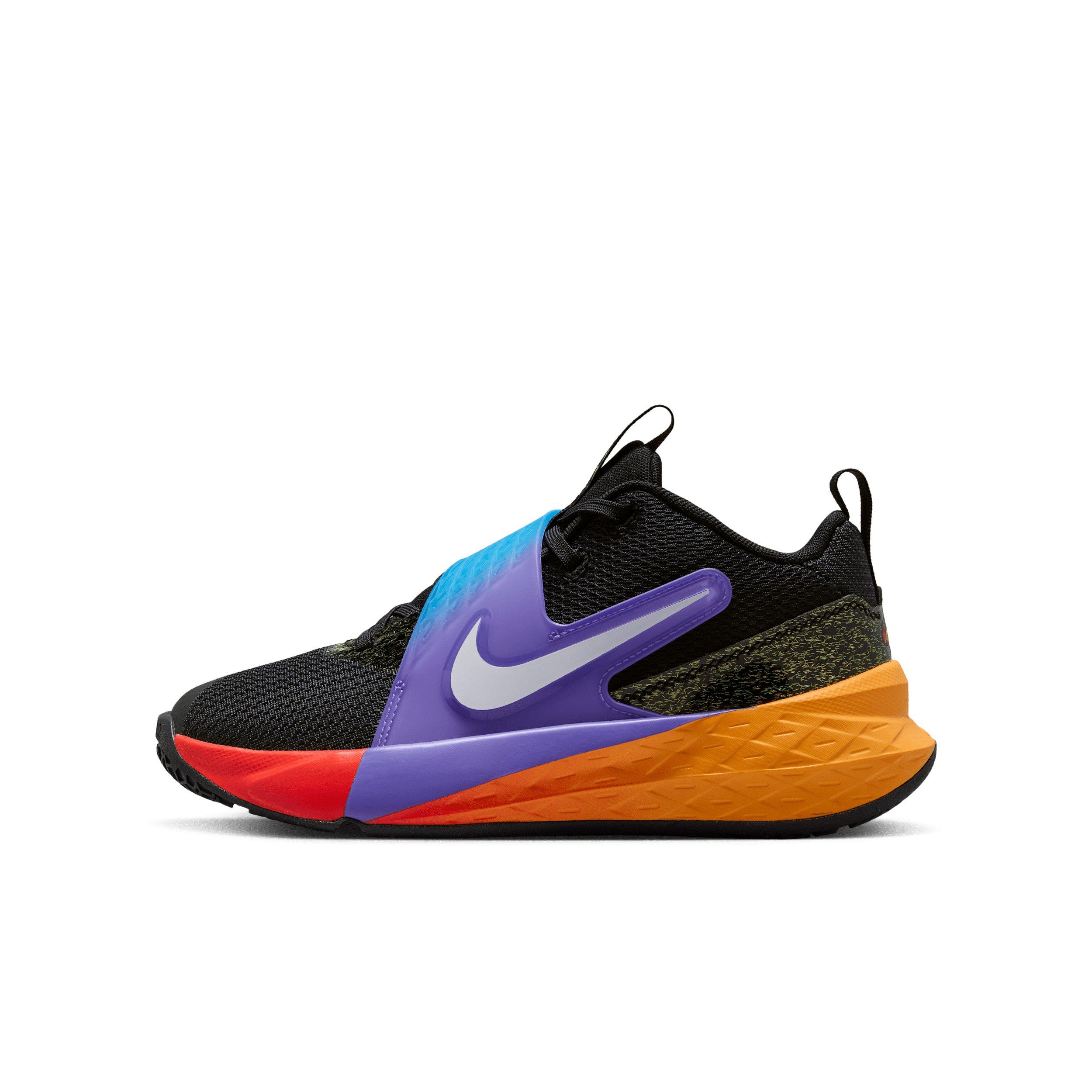 Nike Team Hustle D 12 "Black/Laser Orange/Action Grape/White" Grade School Boys' Basketball Shoe - BLACK/ORANGE/GRAPE/WHITE