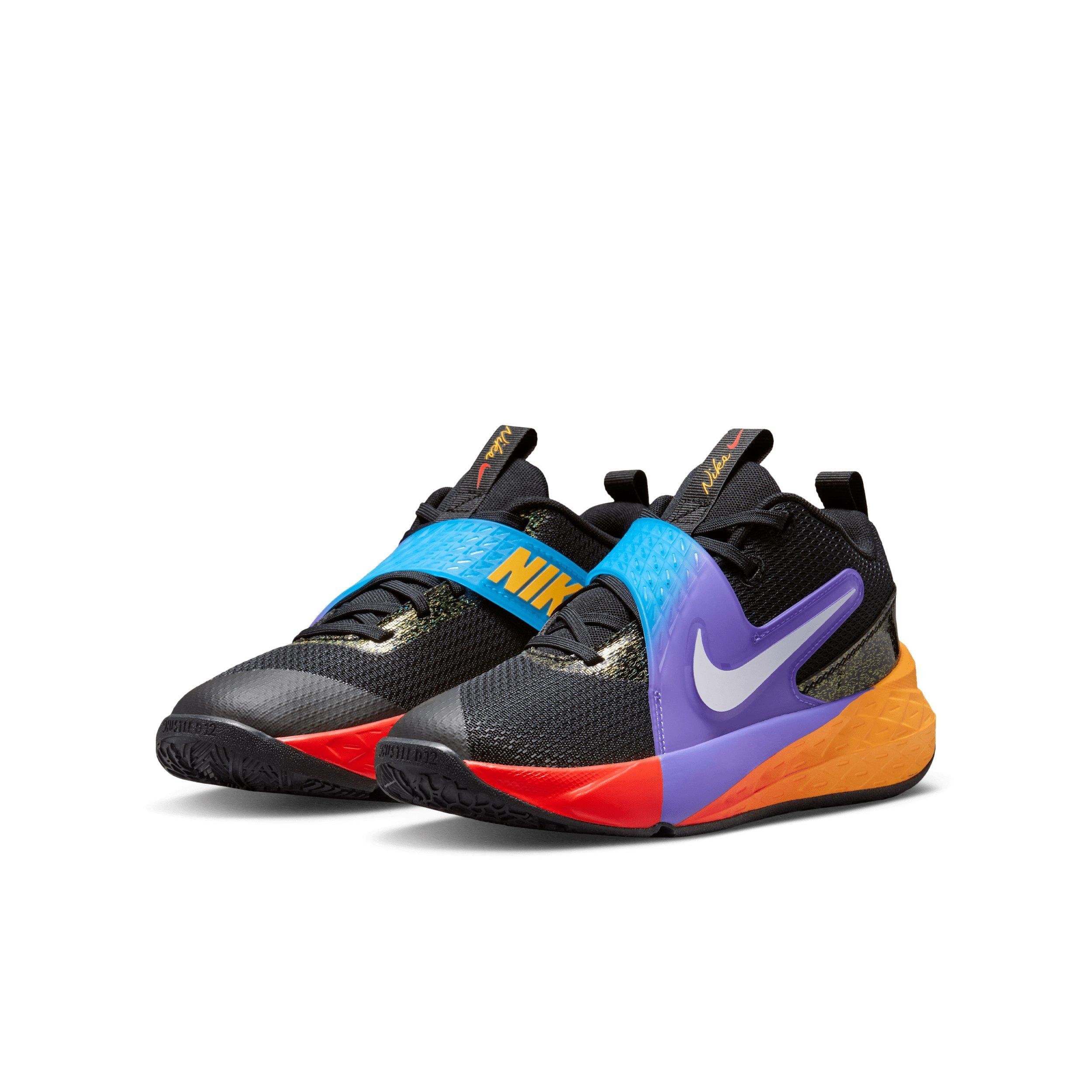 Nike Team Hustle D 12 "Black/Laser Orange/Action Grape/White" Grade School Boys' Basketball Shoe - BLACK/ORANGE/GRAPE/WHITE