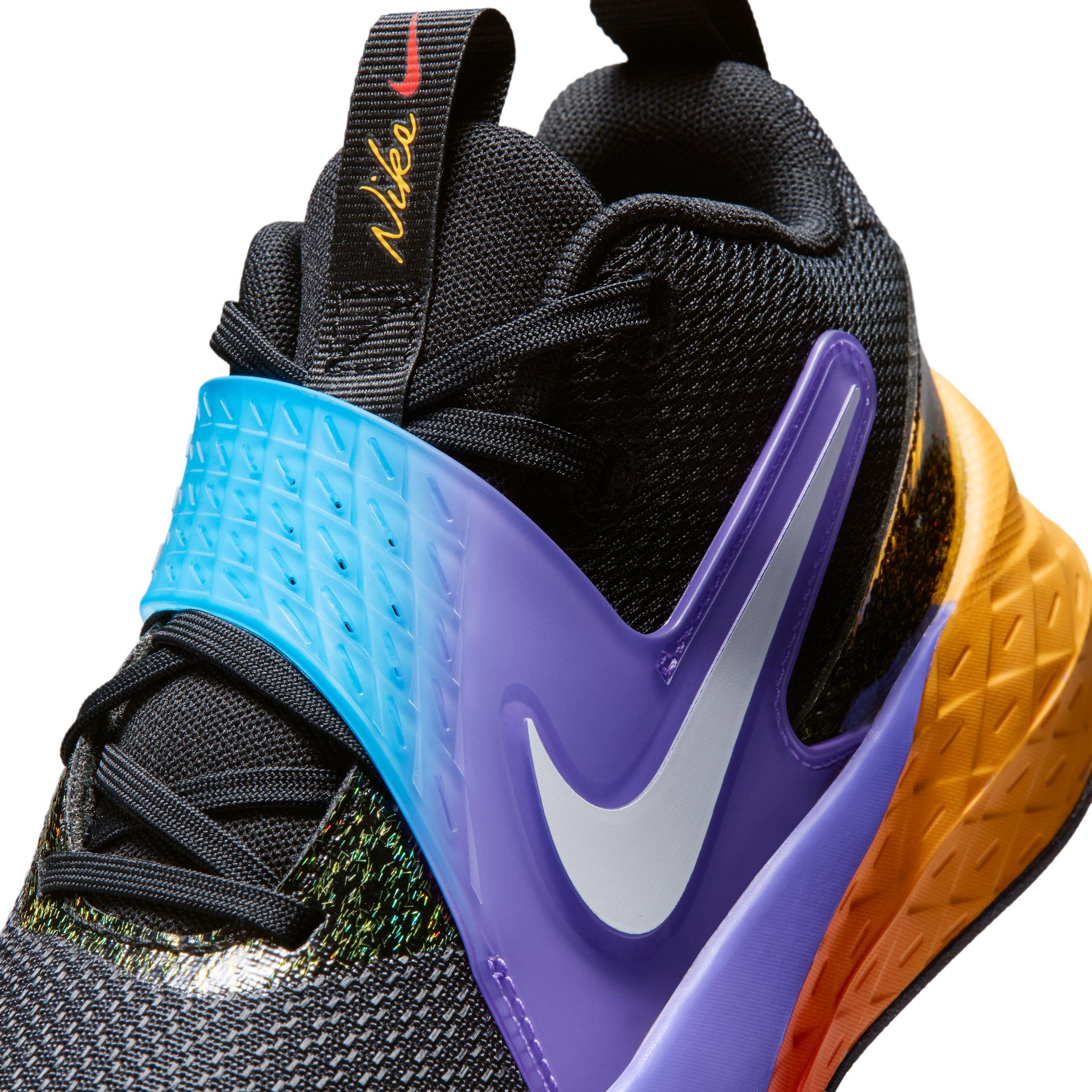 Nike Team Hustle D 12 "Black/Laser Orange/Action Grape/White" Grade School Boys' Basketball Shoe - BLACK/ORANGE/GRAPE/WHITE