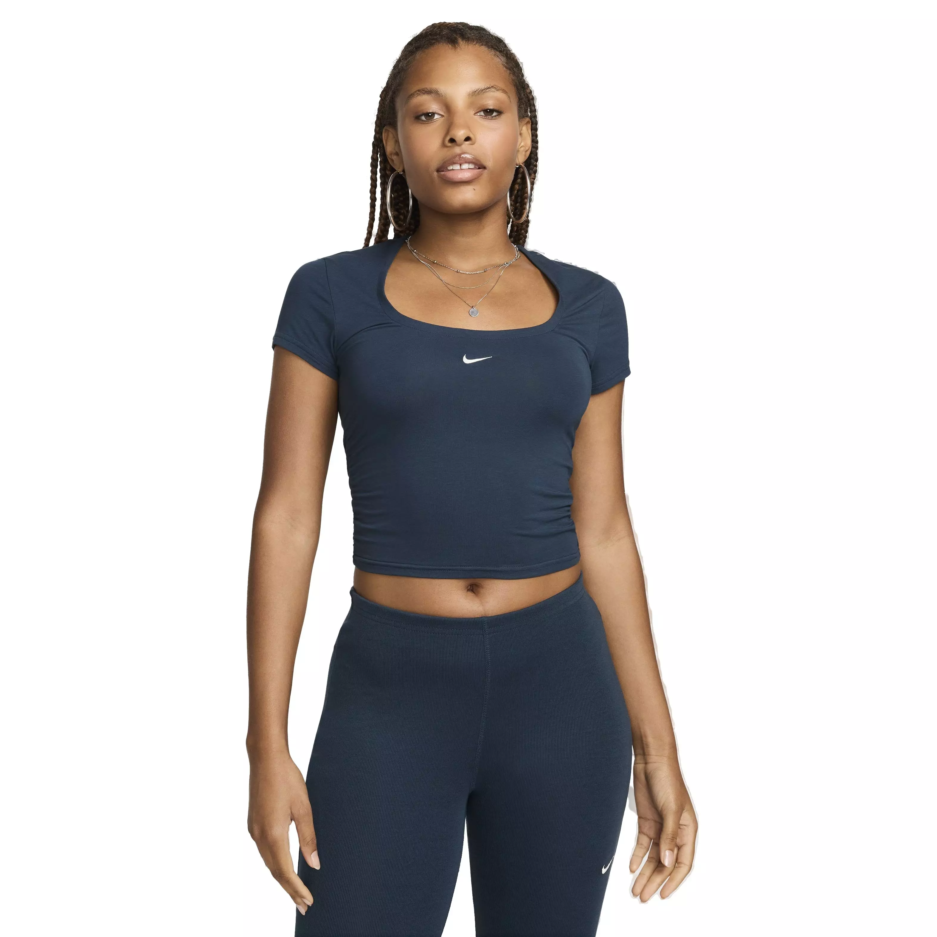 Nike Women's Sportswear Chill Knit Short Sleeve Square-Neck Top - DARK BLUE