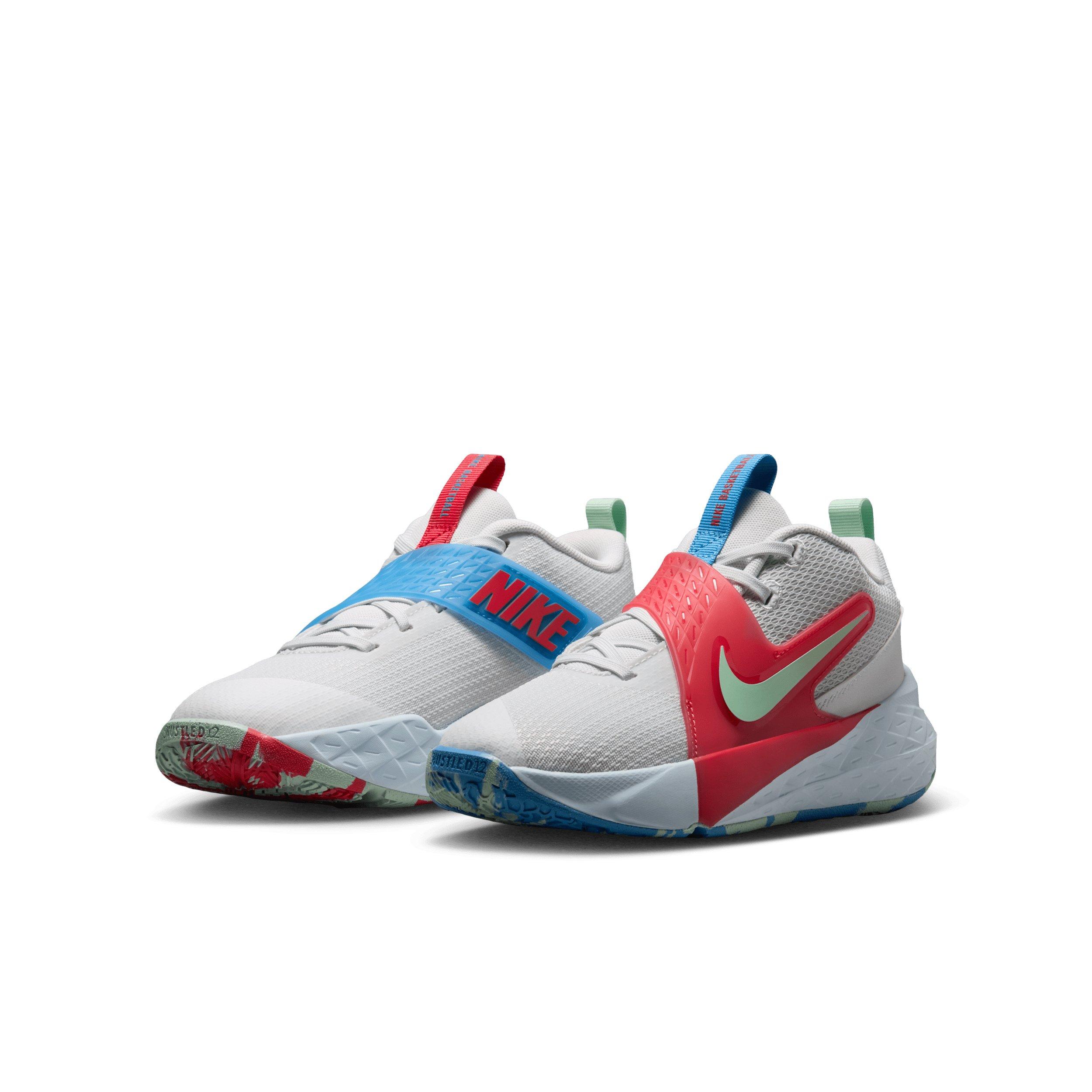 Nike Team Hustle D 12 "Off White/Blue/Tropical Pink/Arctic Green" Grade School Boys' Basketball Shoe - OFF WHITE/BLUE/PINK/GREEN
