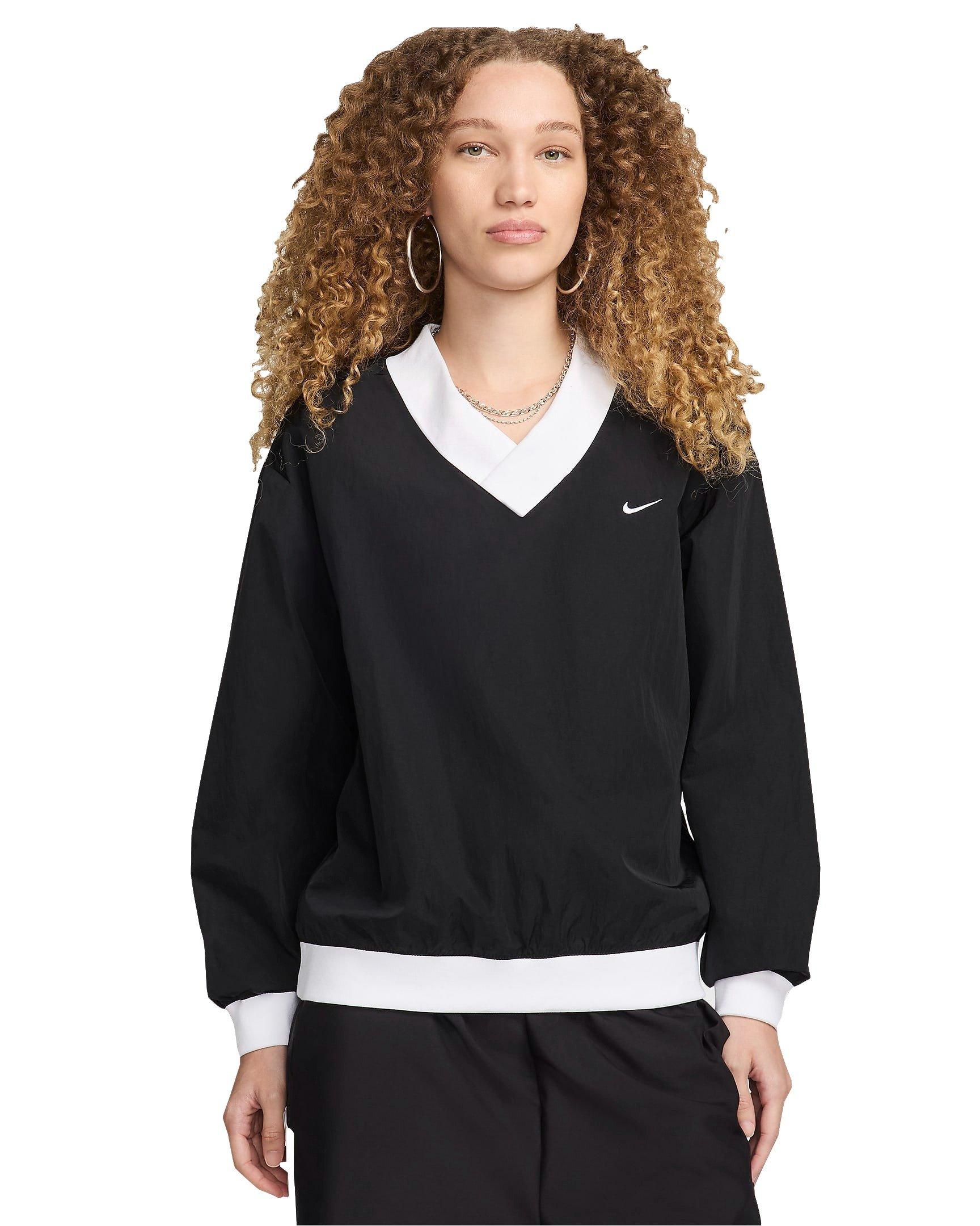 Nike Women's Sportswear Essential Loose UV Woven Long Sleeve V-Neck Top - BLACK Thumbnail View 1