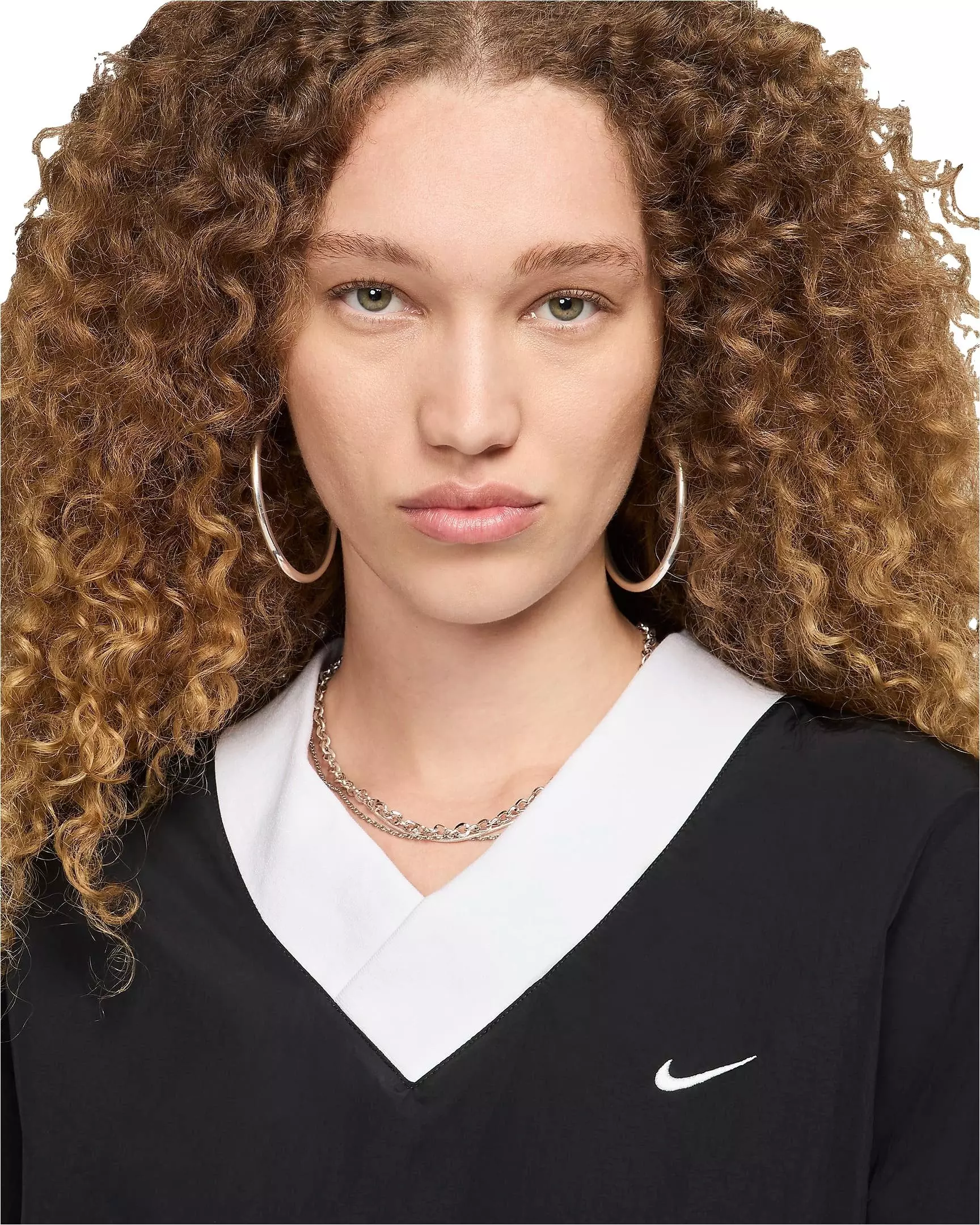 Nike Women's Sportswear Essential Loose UV Woven Long Sleeve V-Neck Top - BLACK