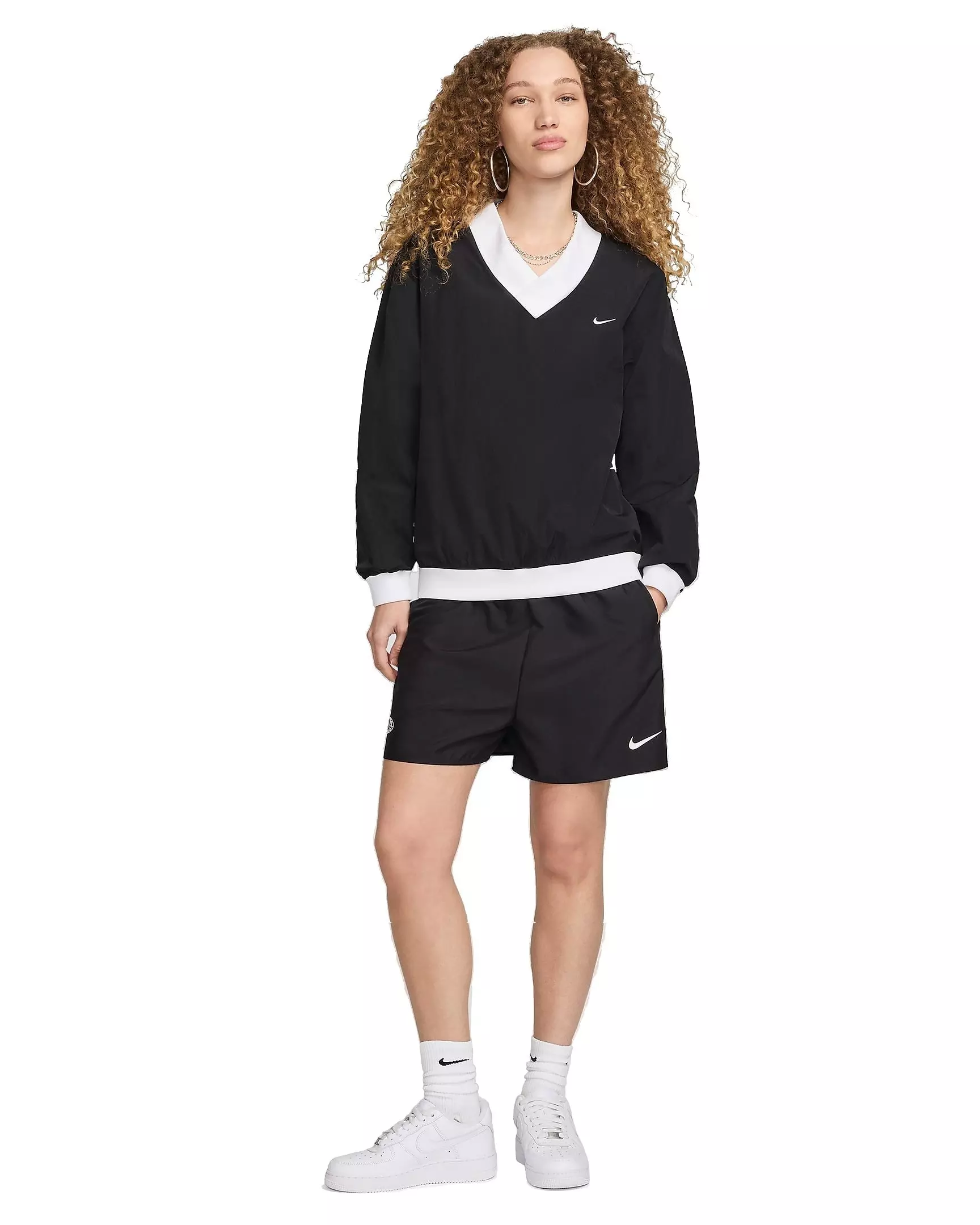 Nike Women's Sportswear Essential Loose UV Woven Long Sleeve V-Neck Top - BLACK