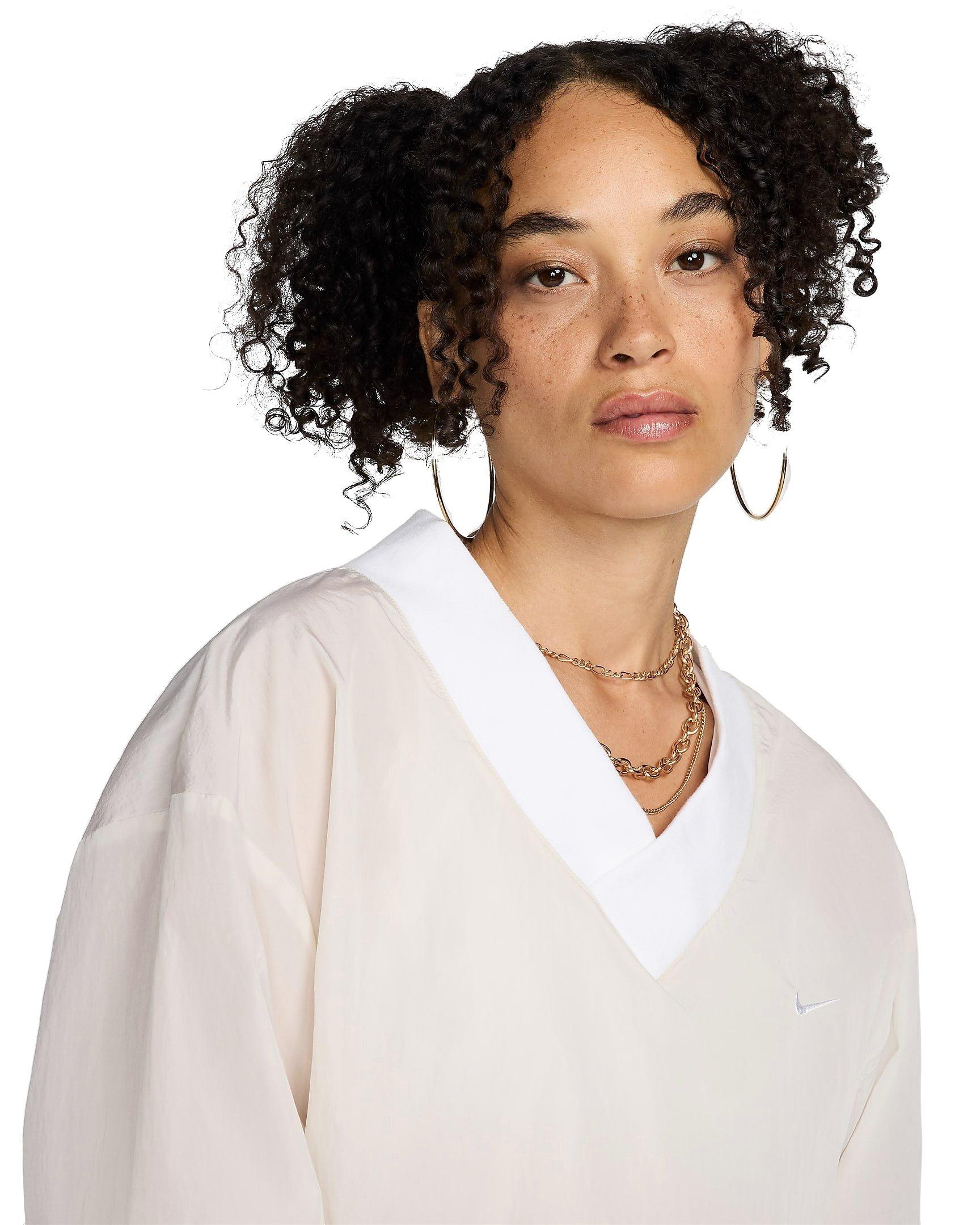 Nike Women's Sportswear Essential Loose UV Woven Long Sleeve V-Neck Top - BROWN Thumbnail View 3