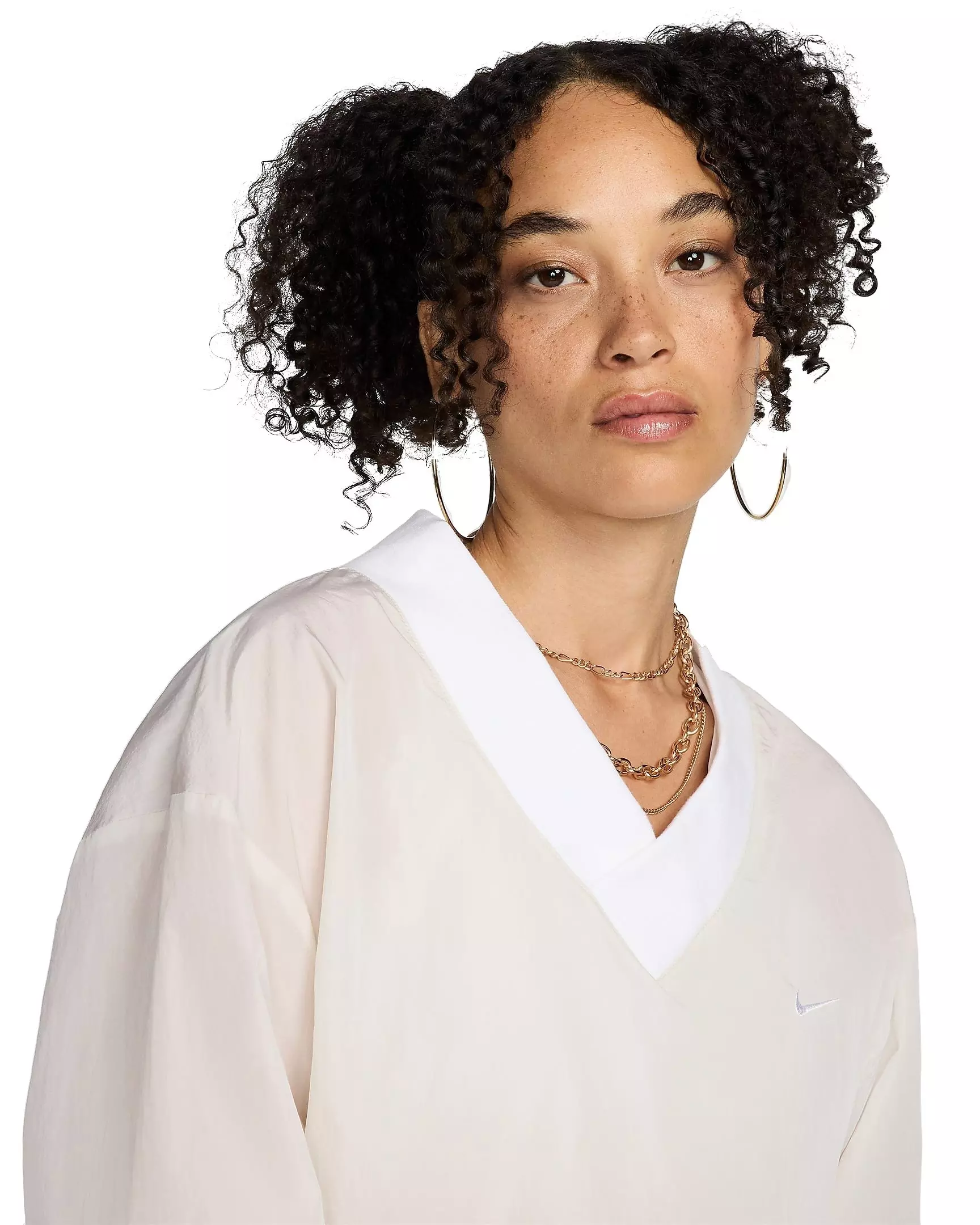 Nike Women's Sportswear Essential Loose UV Woven Long Sleeve V-Neck Top - BROWN