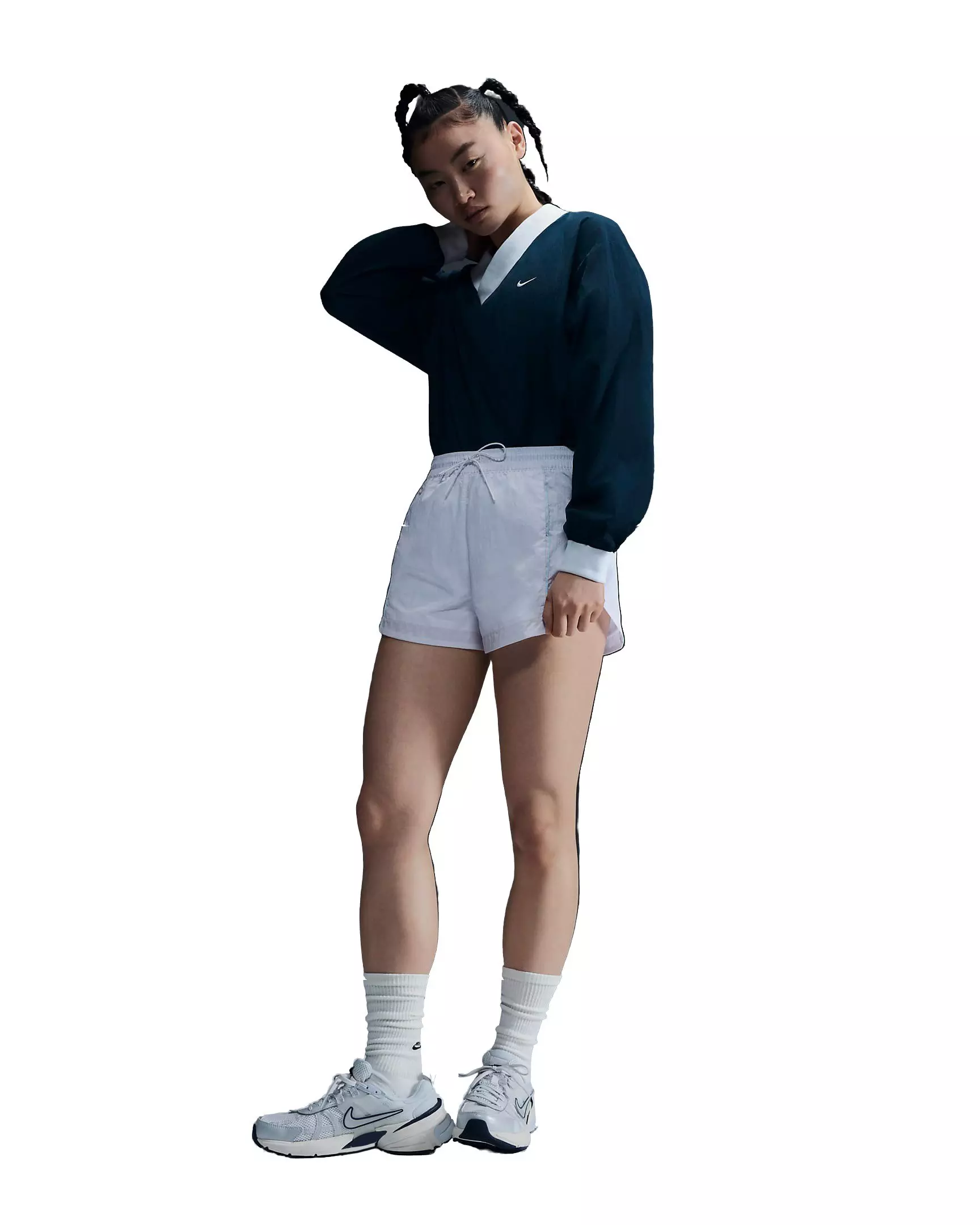 Nike Women's Sportswear Essential Loose UV Woven Long Sleeve V-Neck Top - BLUE