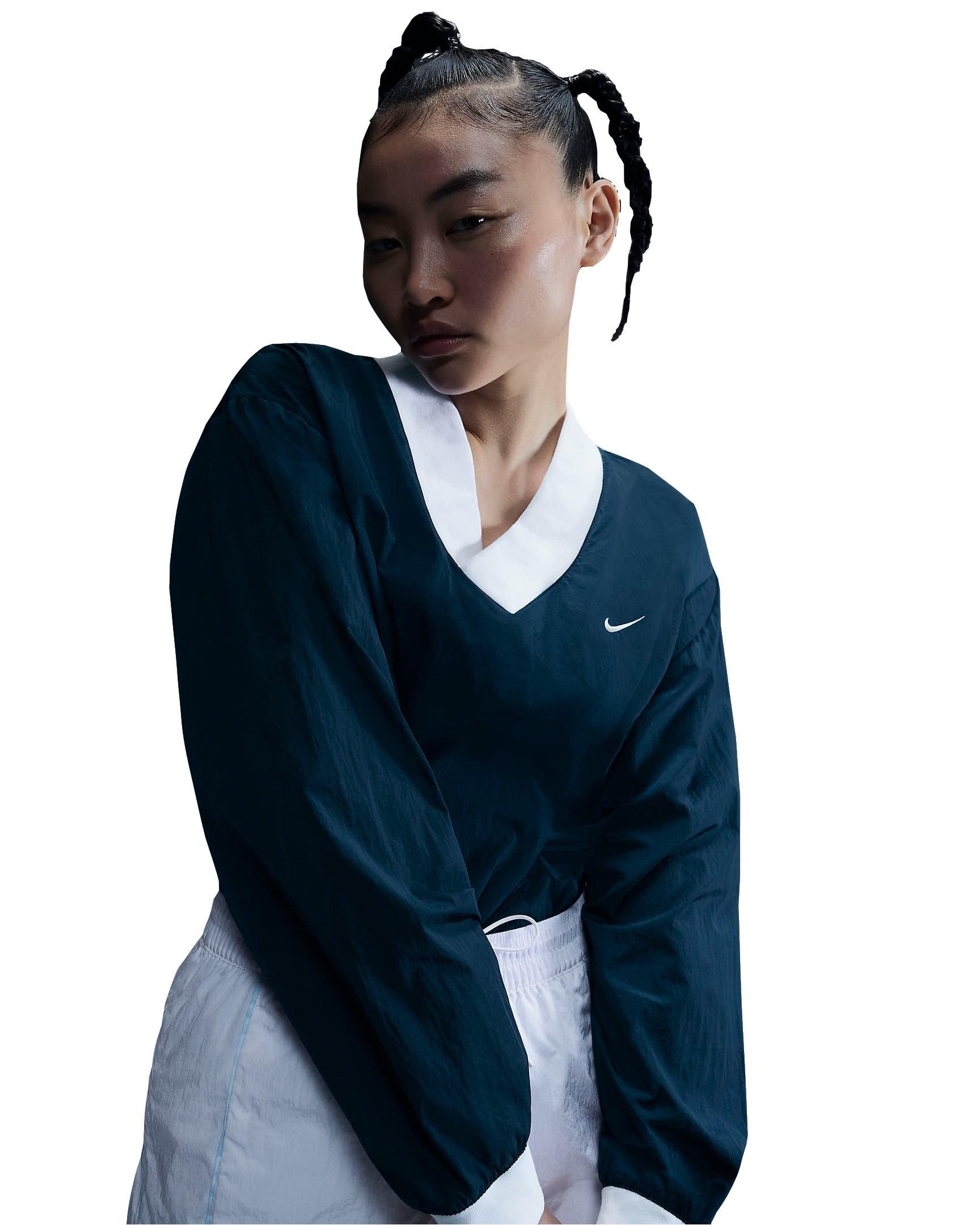 Nike Women's Sportswear Essential Loose UV Woven Long Sleeve V-Neck Top - BLUE Thumbnail View 3