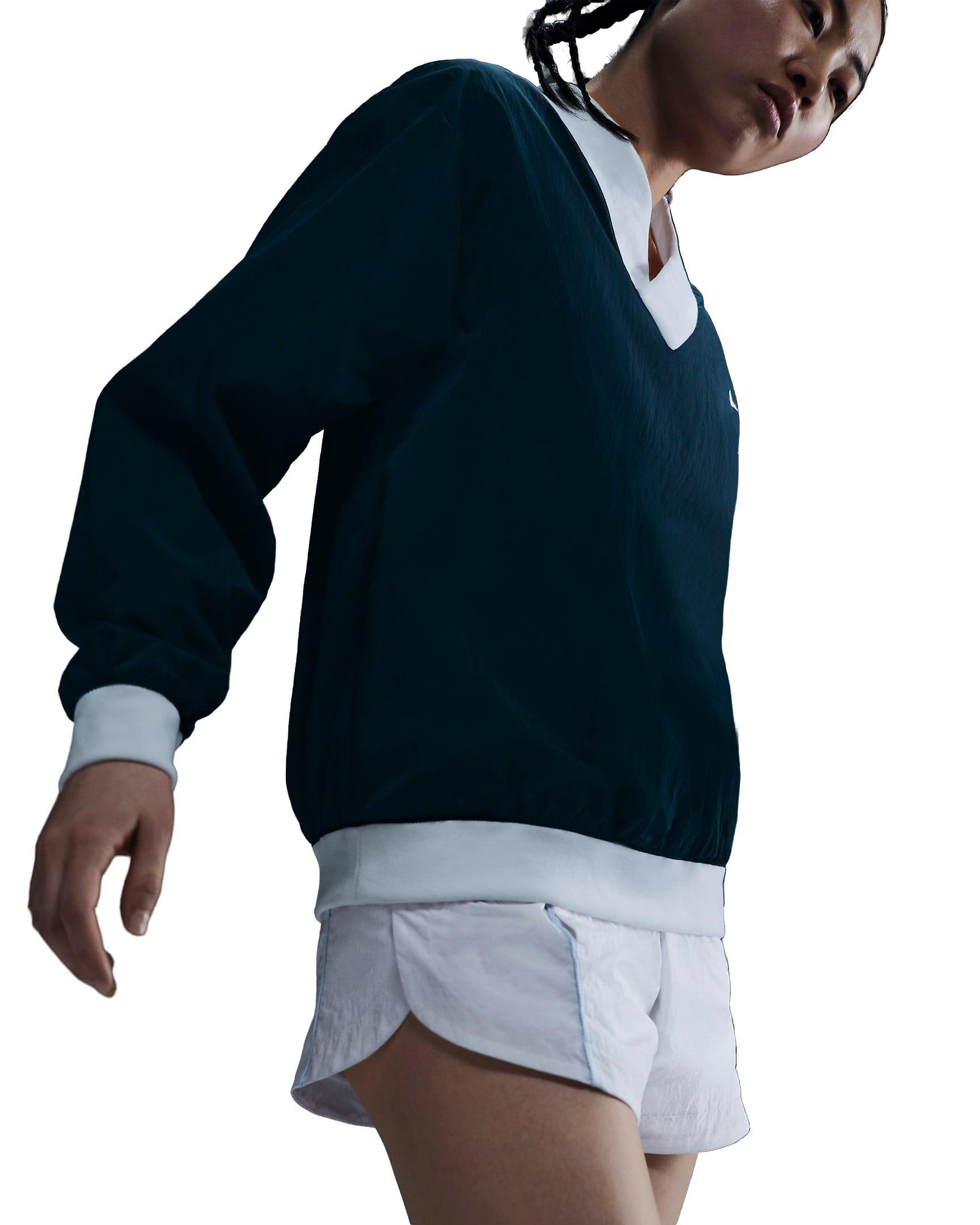 Nike Women's Sportswear Essential Loose UV Woven Long Sleeve V-Neck Top - BLUE Thumbnail View 4