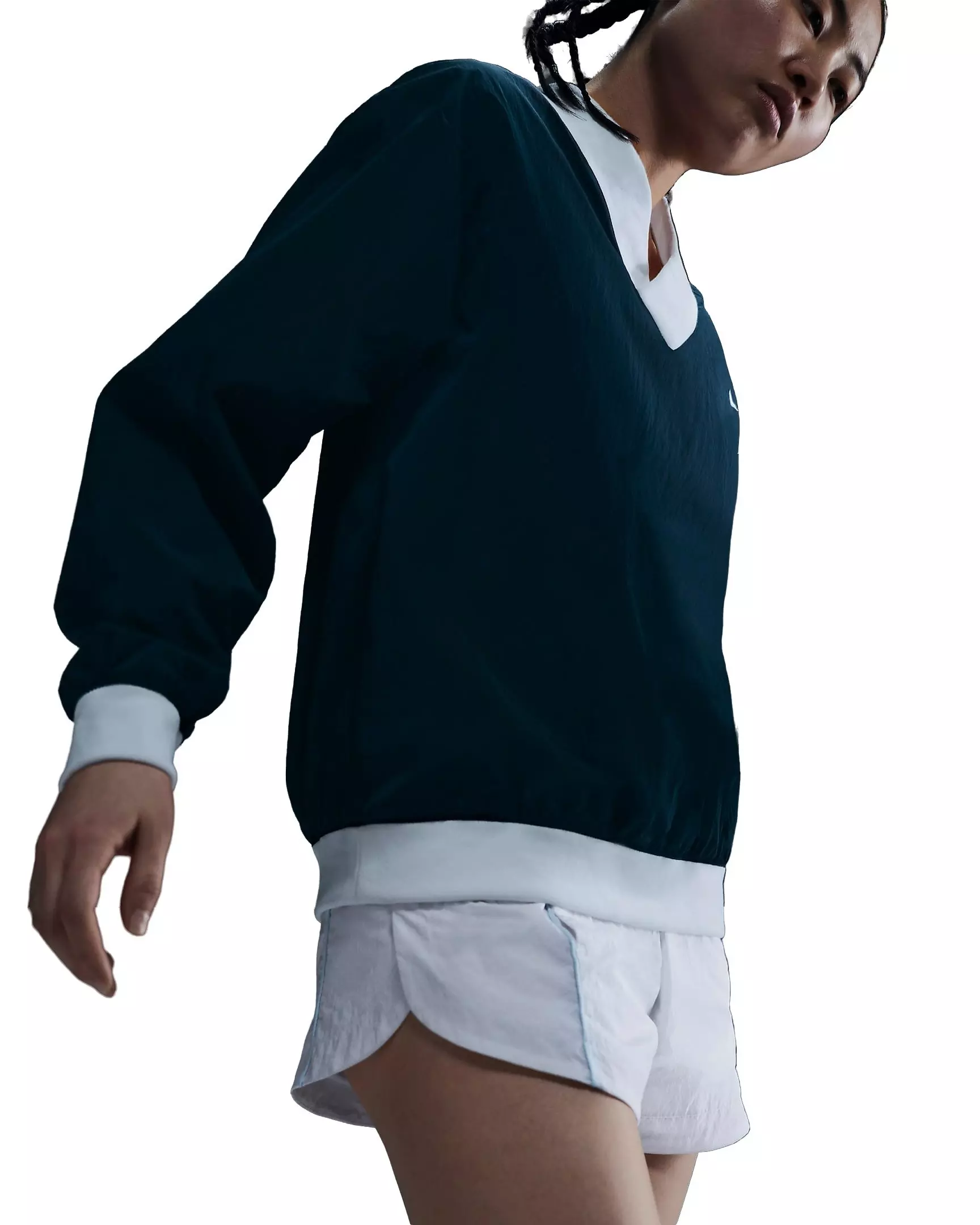 Nike Women's Sportswear Essential Loose UV Woven Long Sleeve V-Neck Top - BLUE