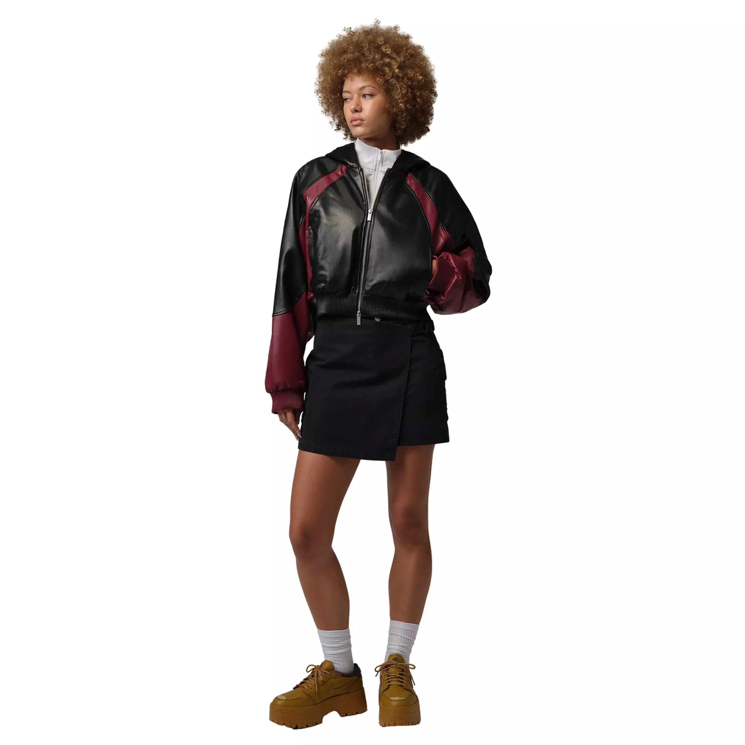 Jordan Women's Flight Crop Faux Leather Jacket - Black/Red - BLACK/RED