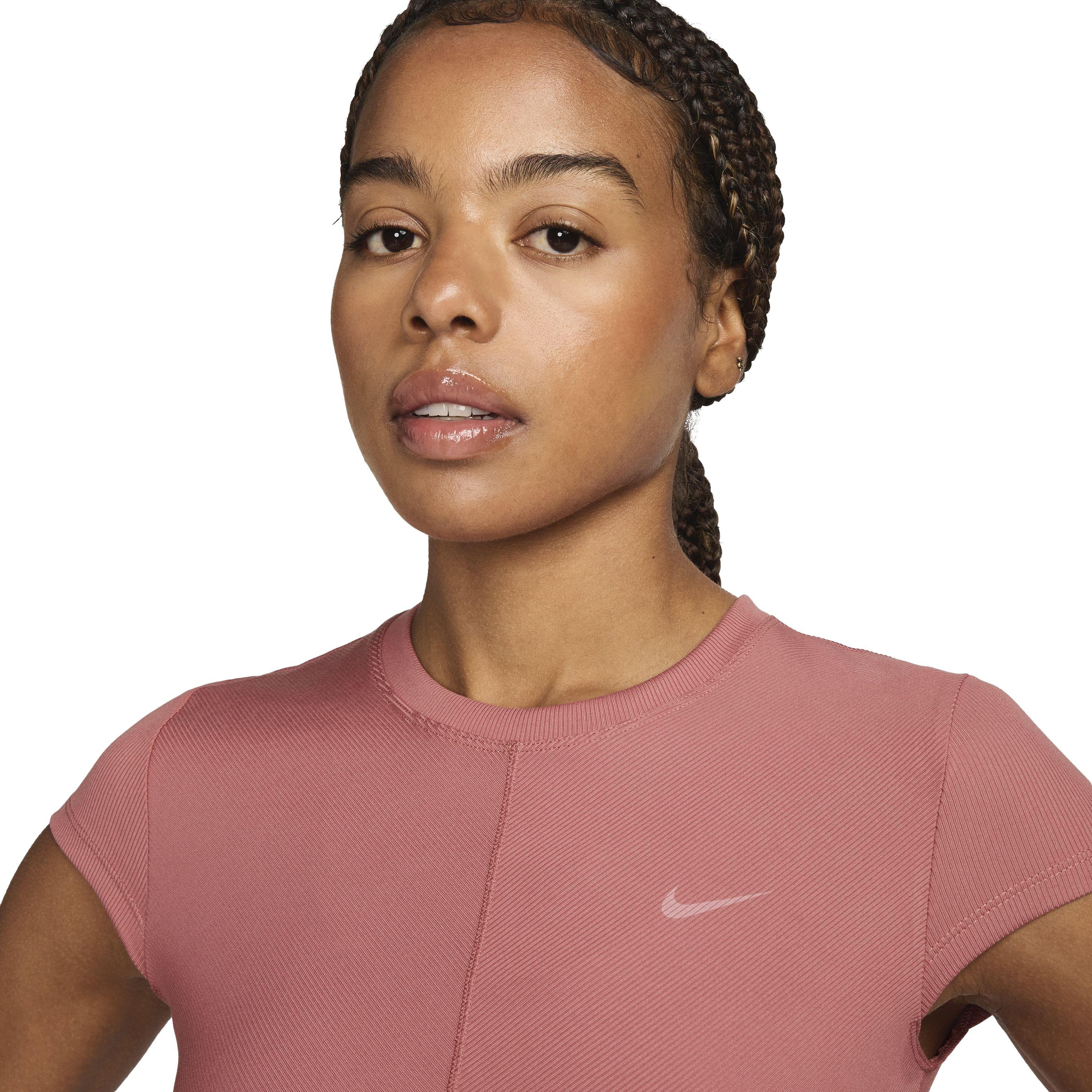 Nike Women's One Fitted Rib Dri-FIT Short Sleeve Cropped Top - PINK Thumbnail View 3