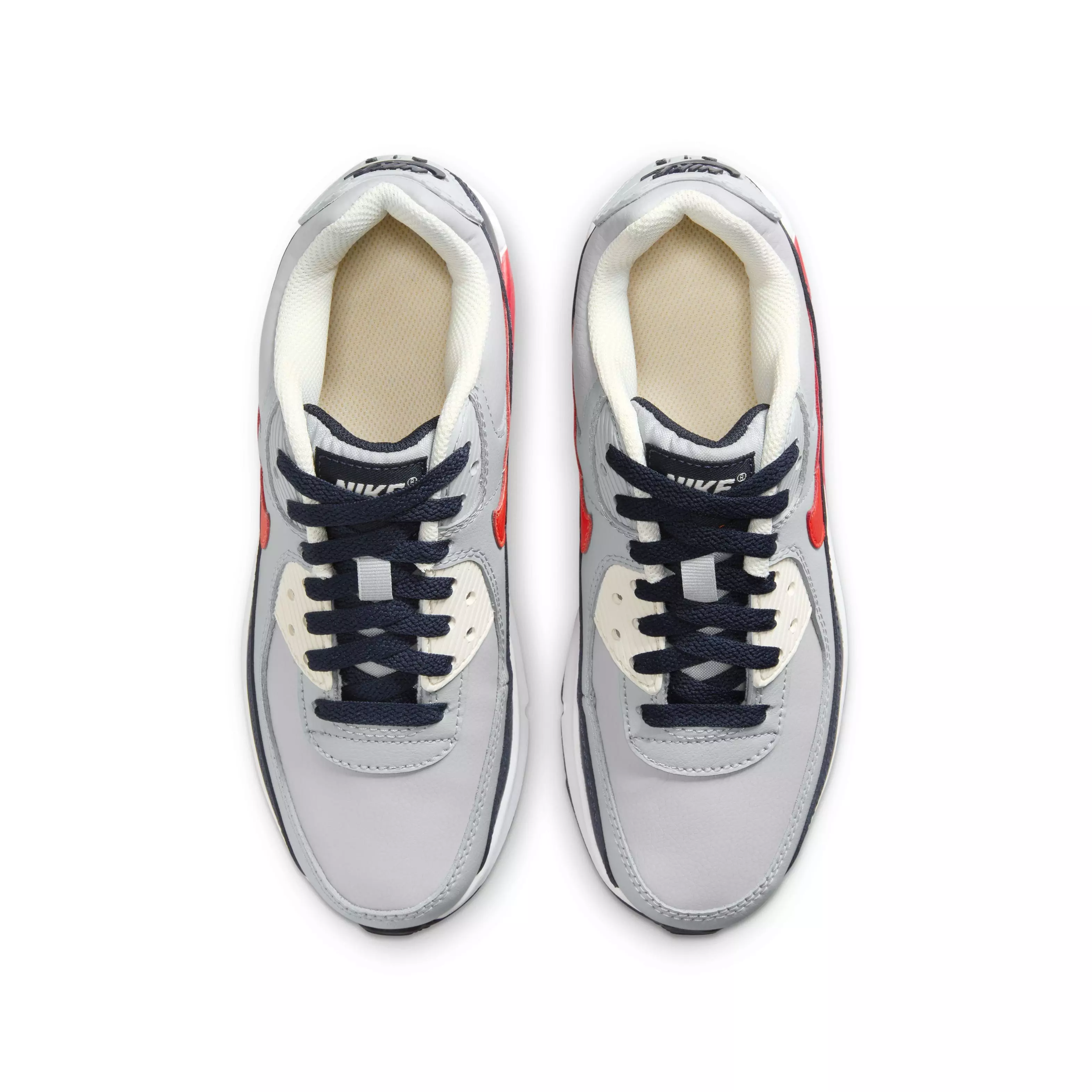 Nike Air Max 90 LTR "Light Smoke Grey/Dark Obsidian/Phantom/Bright Crimson" Grade School Boys' Shoe - LT GREY/DK OBSIDIAN/PHANTOM/CRIMSON