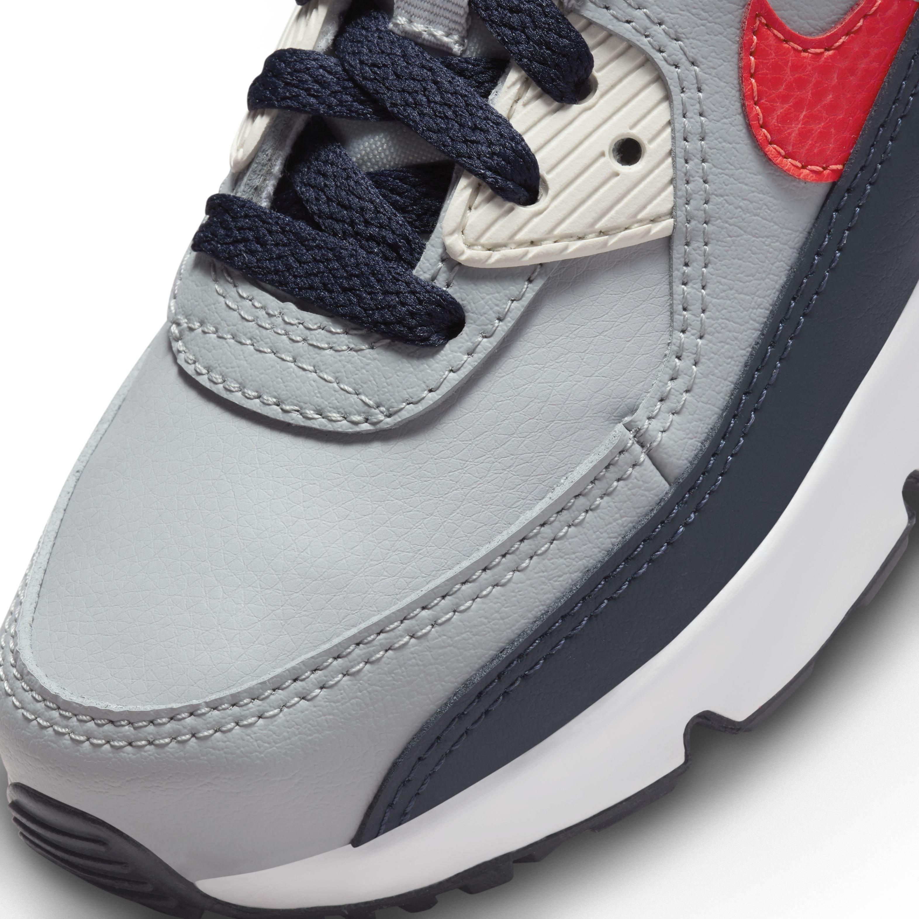 Nike Air Max 90 LTR Preschool Boys' "Light Smoke Grey/Dark Obsidian/Phantom/Bright Crimson" Shoe