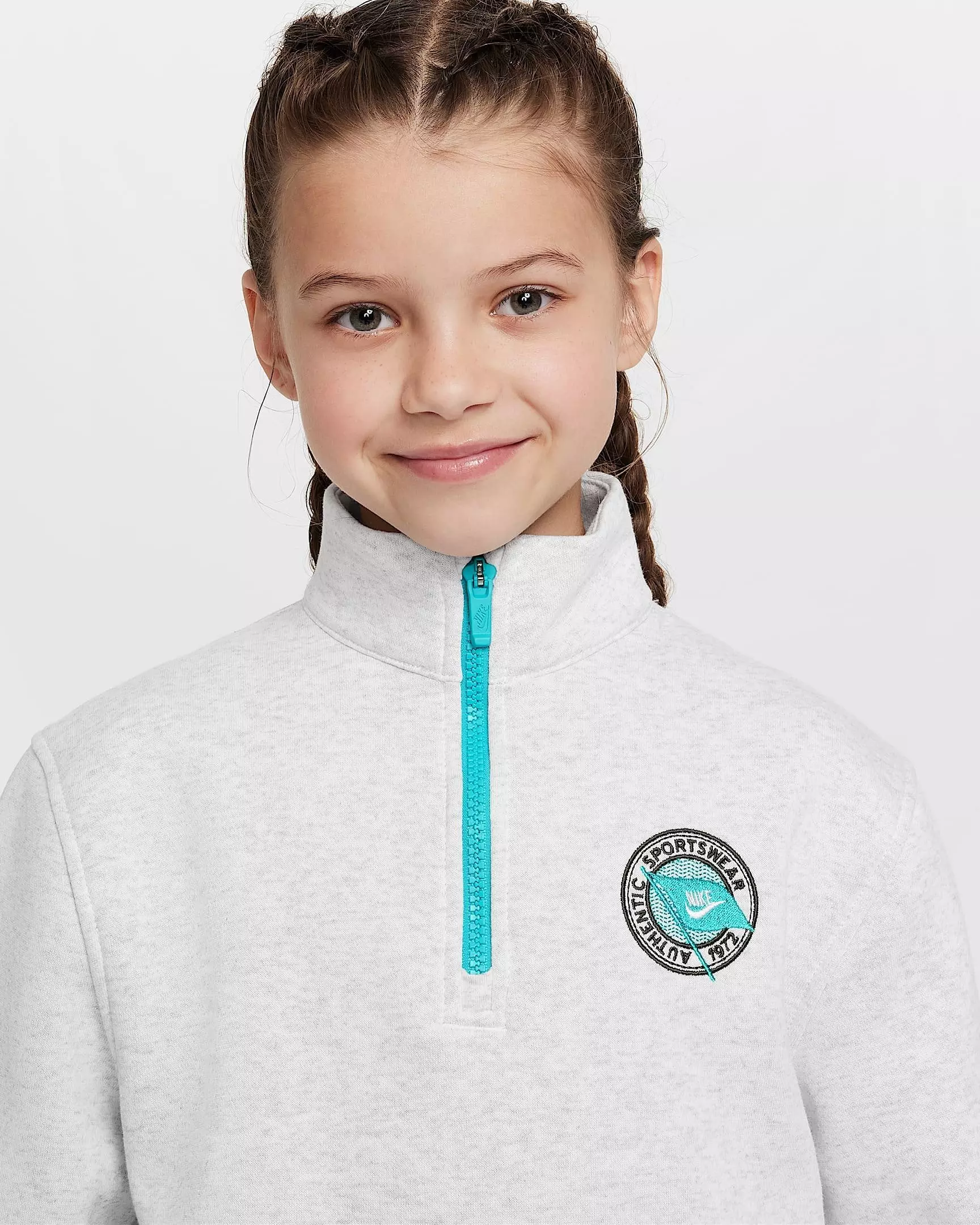 Nike Big Girls' Sportswear Club Fleece Long-Sleeve 1/2-Zip Top -Heather/Turquoise - HEATHER/TURQUOISE