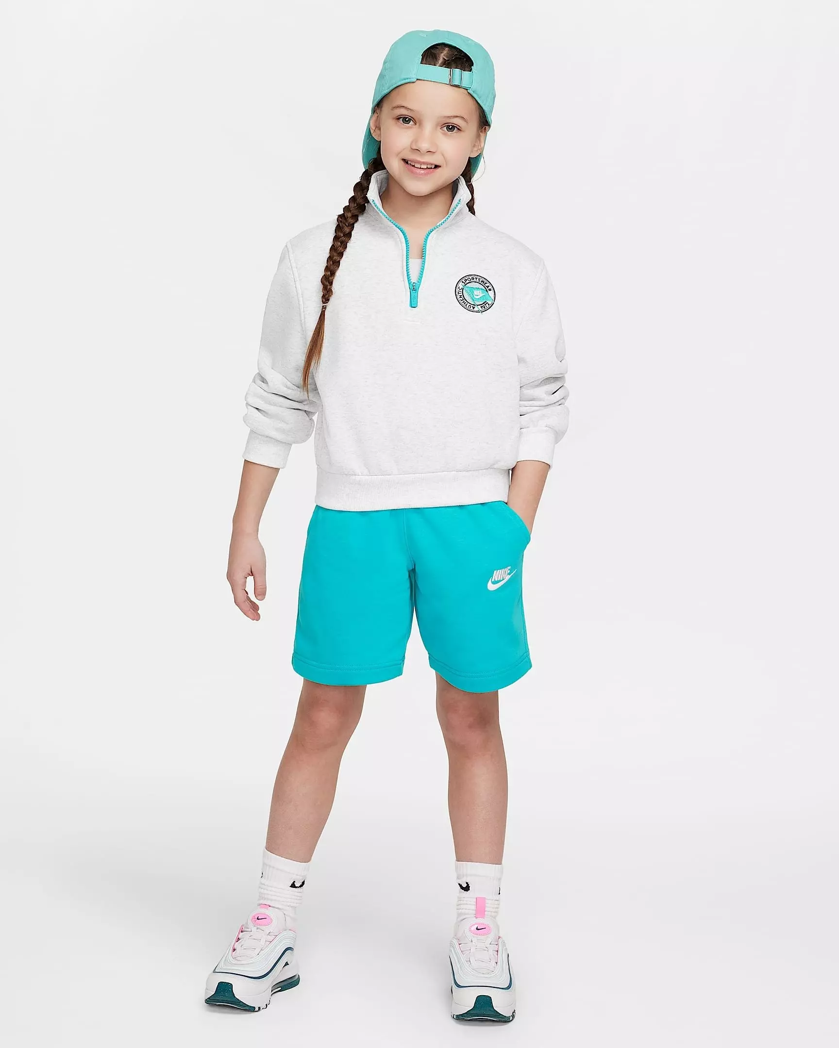 Nike Big Girls' Sportswear Club Fleece Long-Sleeve 1/2-Zip Top -Heather/Turquoise - HEATHER/TURQUOISE