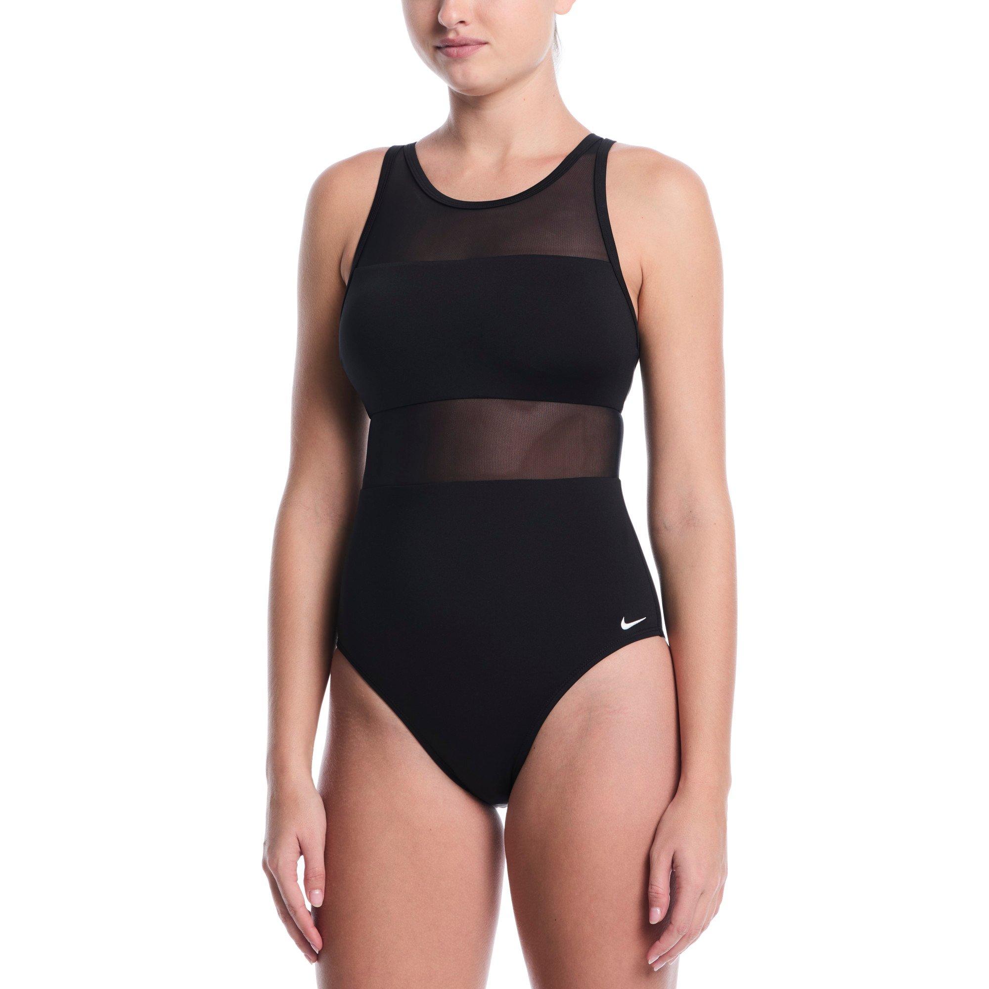 Nike Women's Swim Mesh V-Back One Piece Swimsuit - BLACK Thumbnail View 1