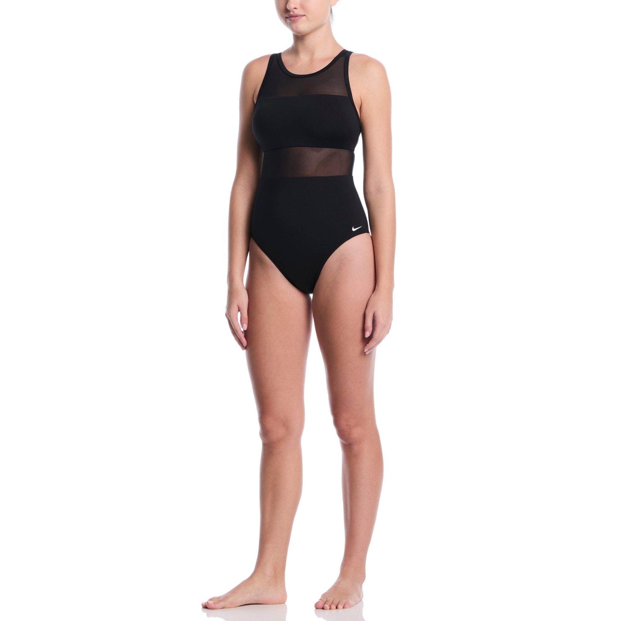 Nike Women's Swim Mesh V-Back One Piece Swimsuit - BLACK Thumbnail View 4