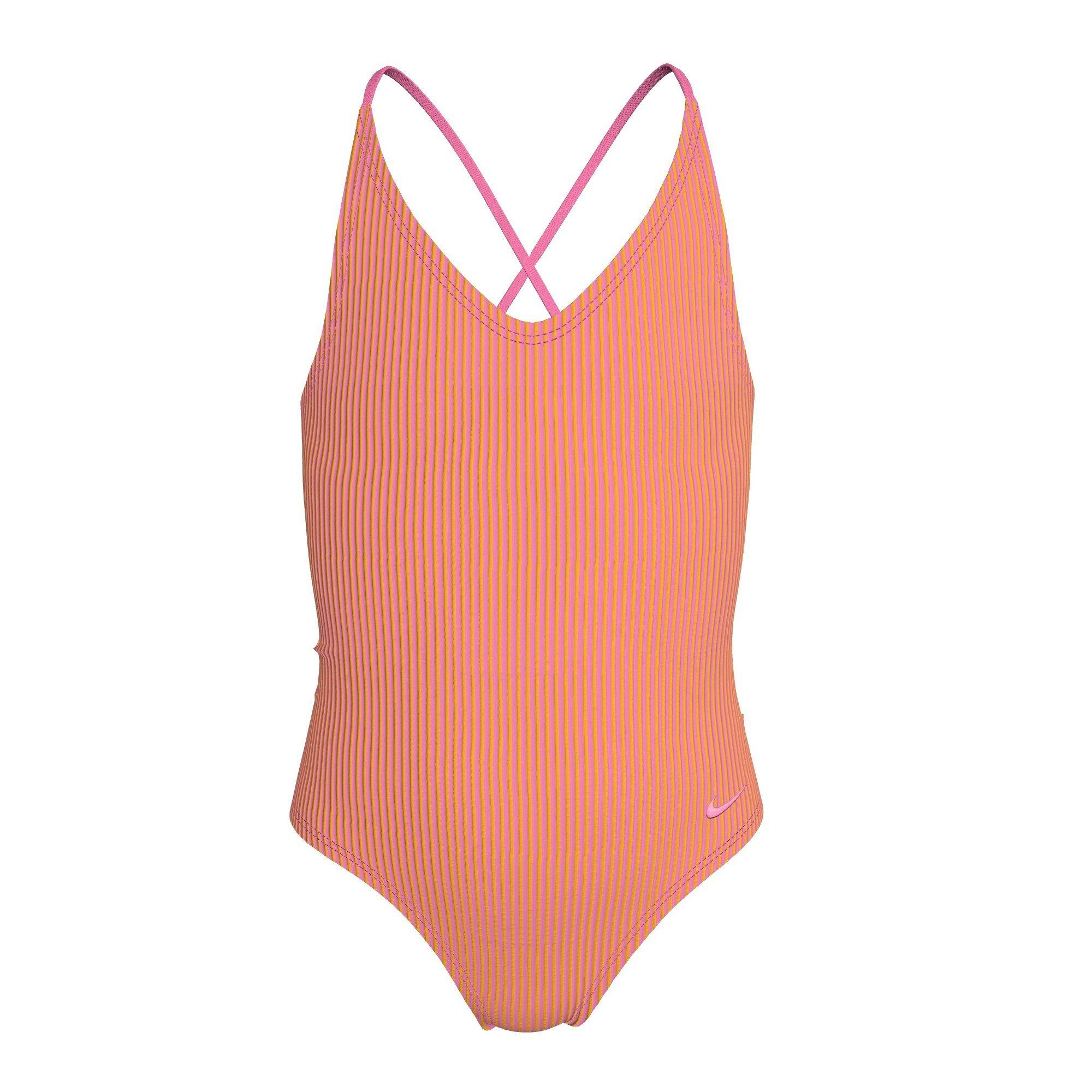 Nike Big Girls' Swim Ripple Texture Lace Up One Piece Swimsuit - PINK Thumbnail View 3
