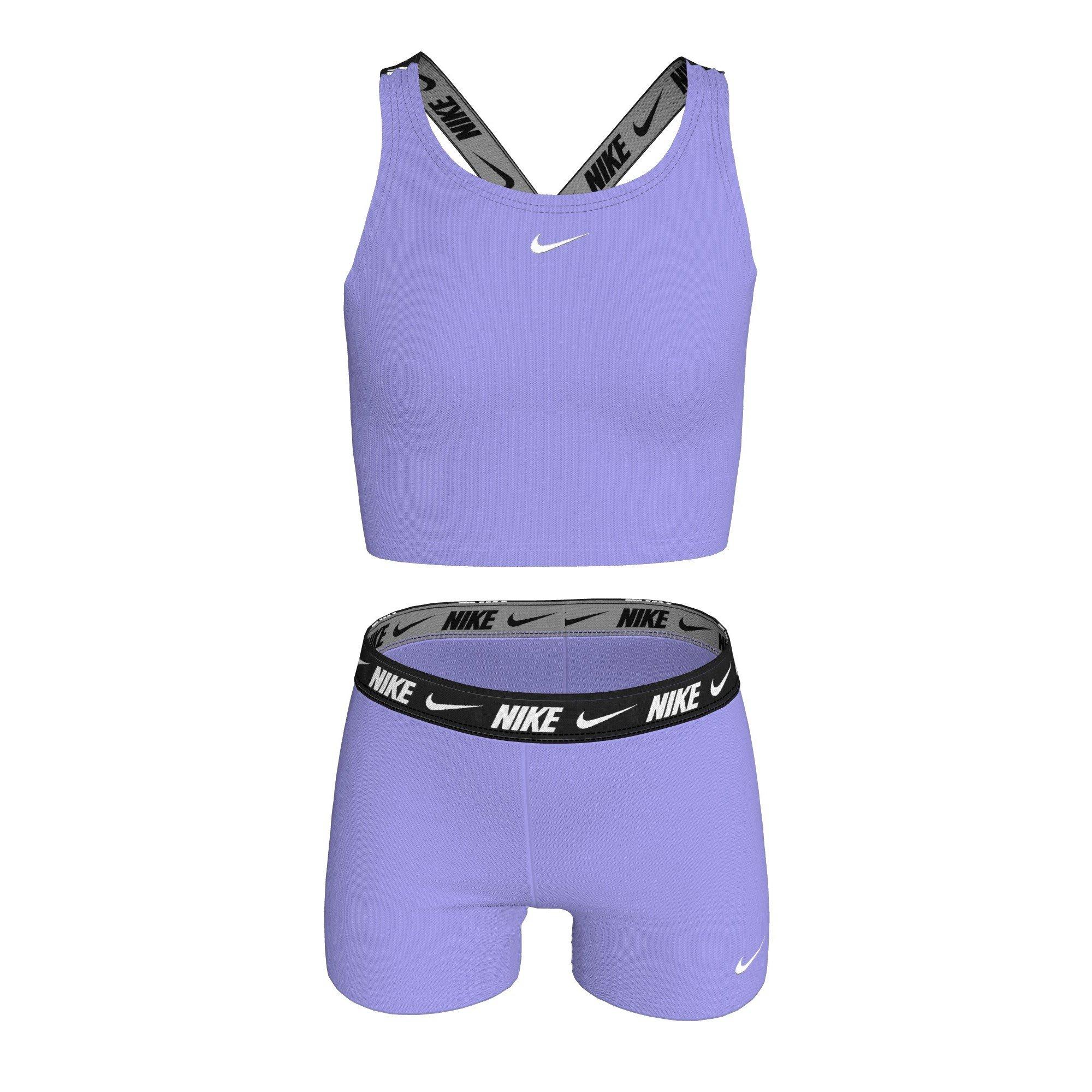 Nike Big Girls' Swim Logo Tape Crossback Midkini and Short Swimsuit Set - PURPLE Thumbnail View 3