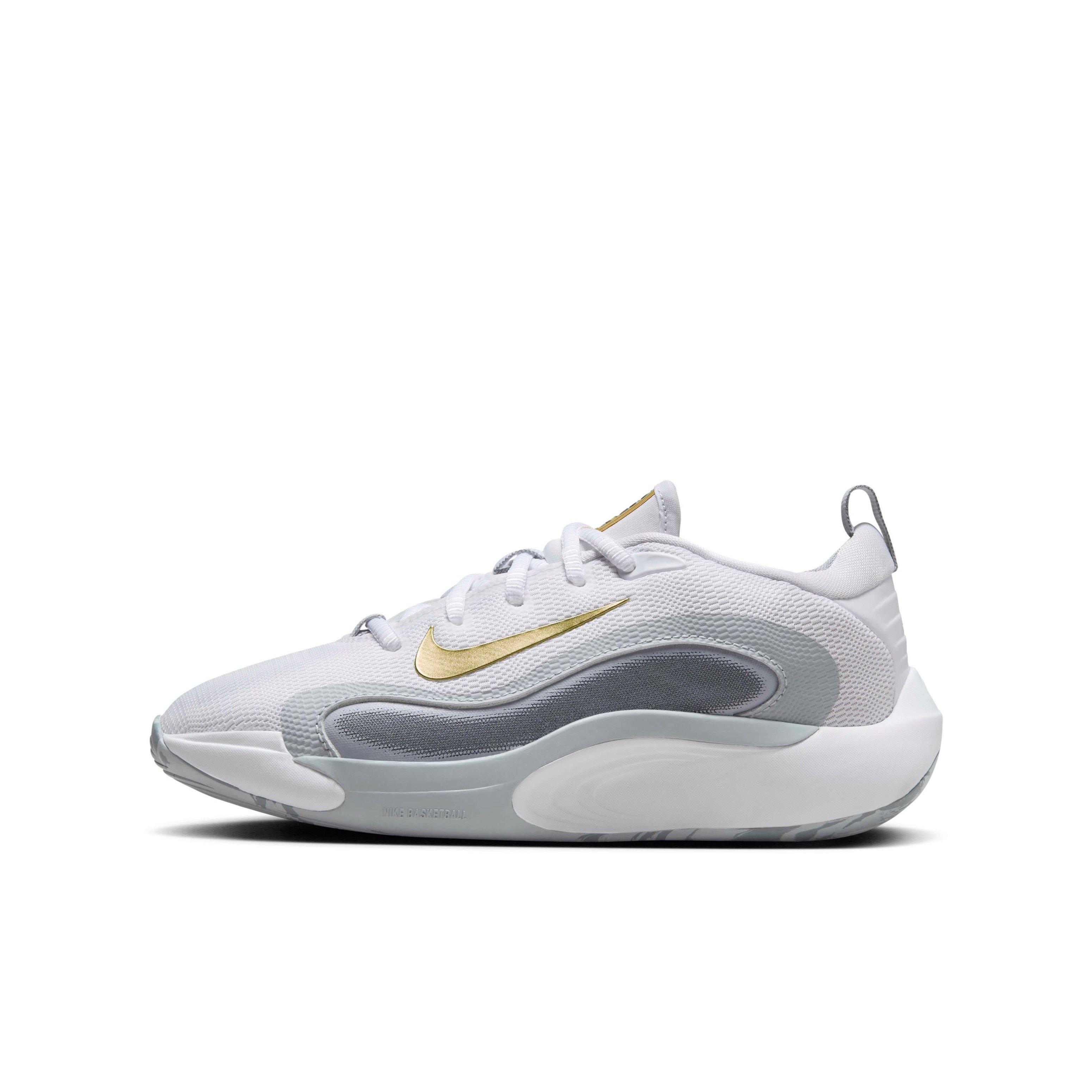 Nike IsoFly Grade School Boys' "White/Cool Grey/Wolf Grey/Metallic Gold Star" Basketball Shoe