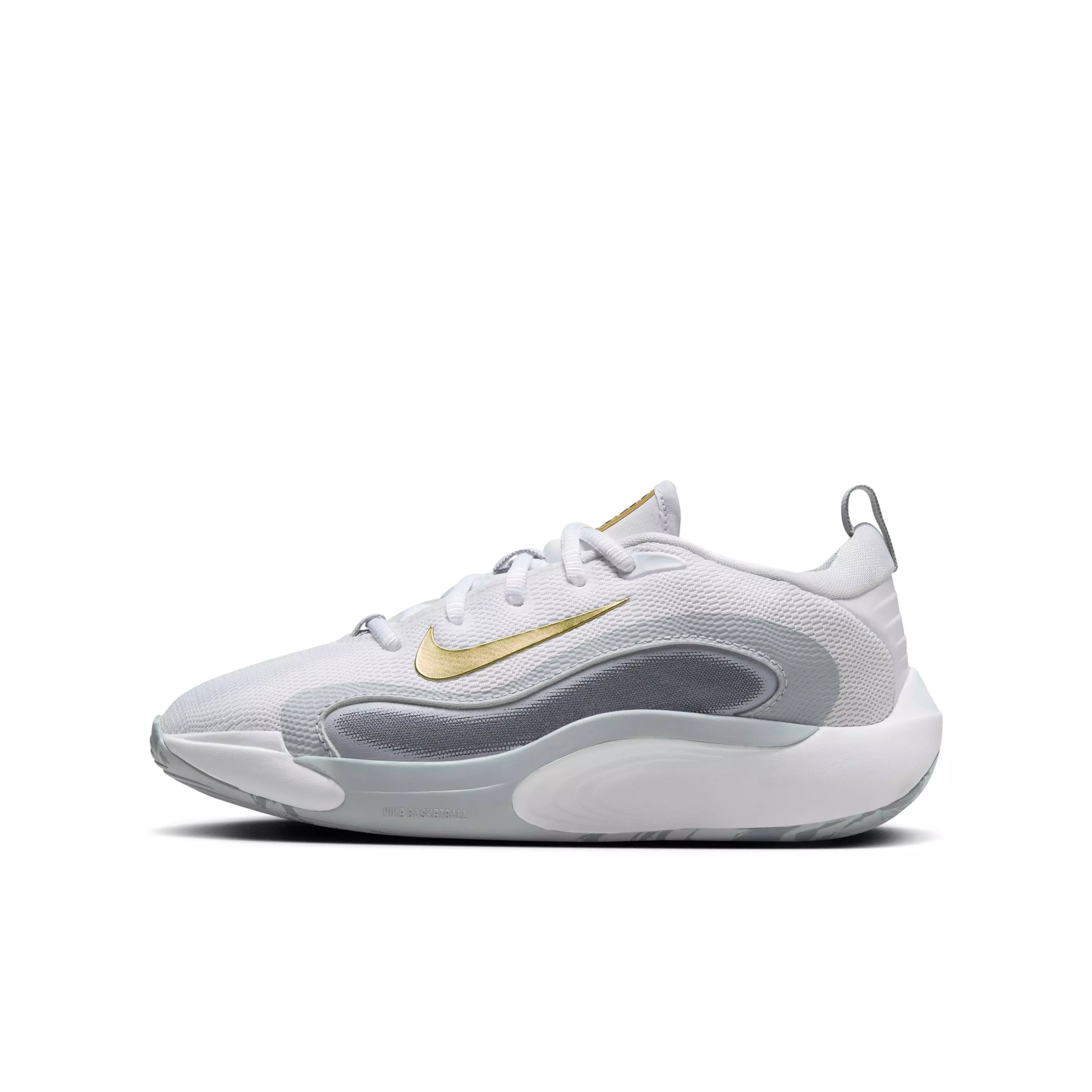 Nike IsoFly "White/Cool Grey/Wolf Grey/Metallic Gold Star" Grade School Boys' Basketball Shoe - WHITE/GREY/GREY/GOLD