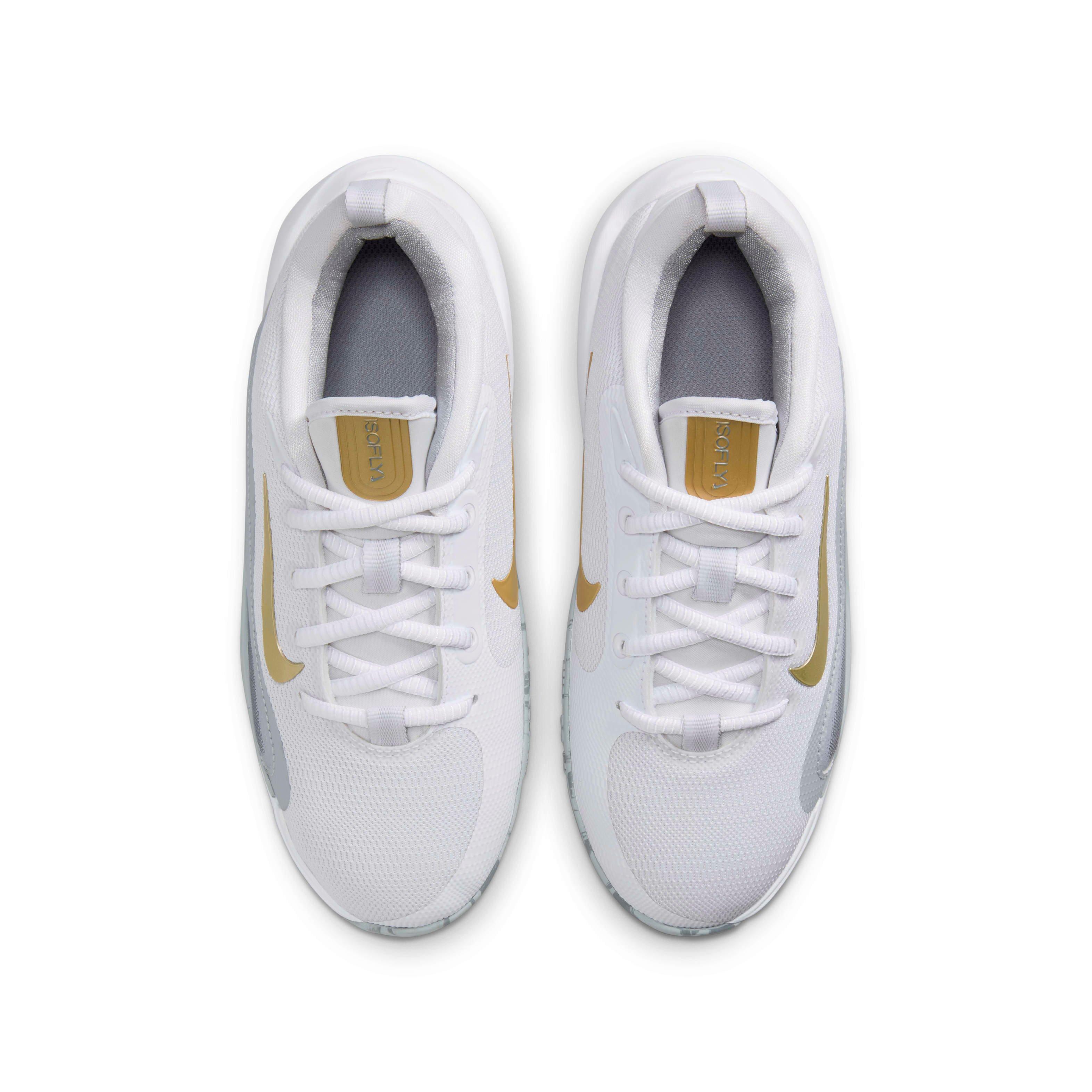 Nike IsoFly Grade School Boys' "White/Cool Grey/Wolf Grey/Metallic Gold Star" Basketball Shoe