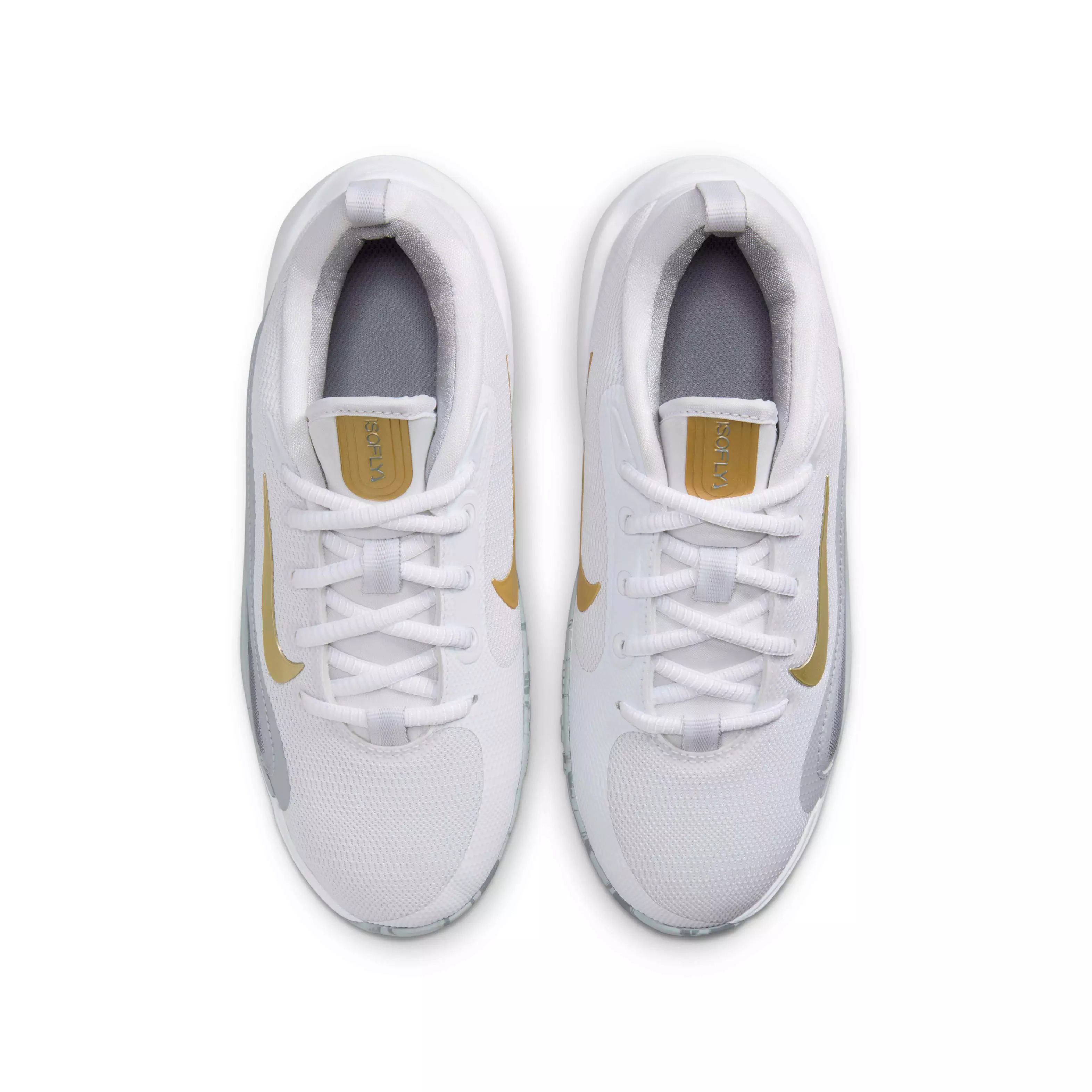 Nike IsoFly "White/Cool Grey/Wolf Grey/Metallic Gold Star" Grade School Boys' Basketball Shoe - WHITE/GREY/GREY/GOLD