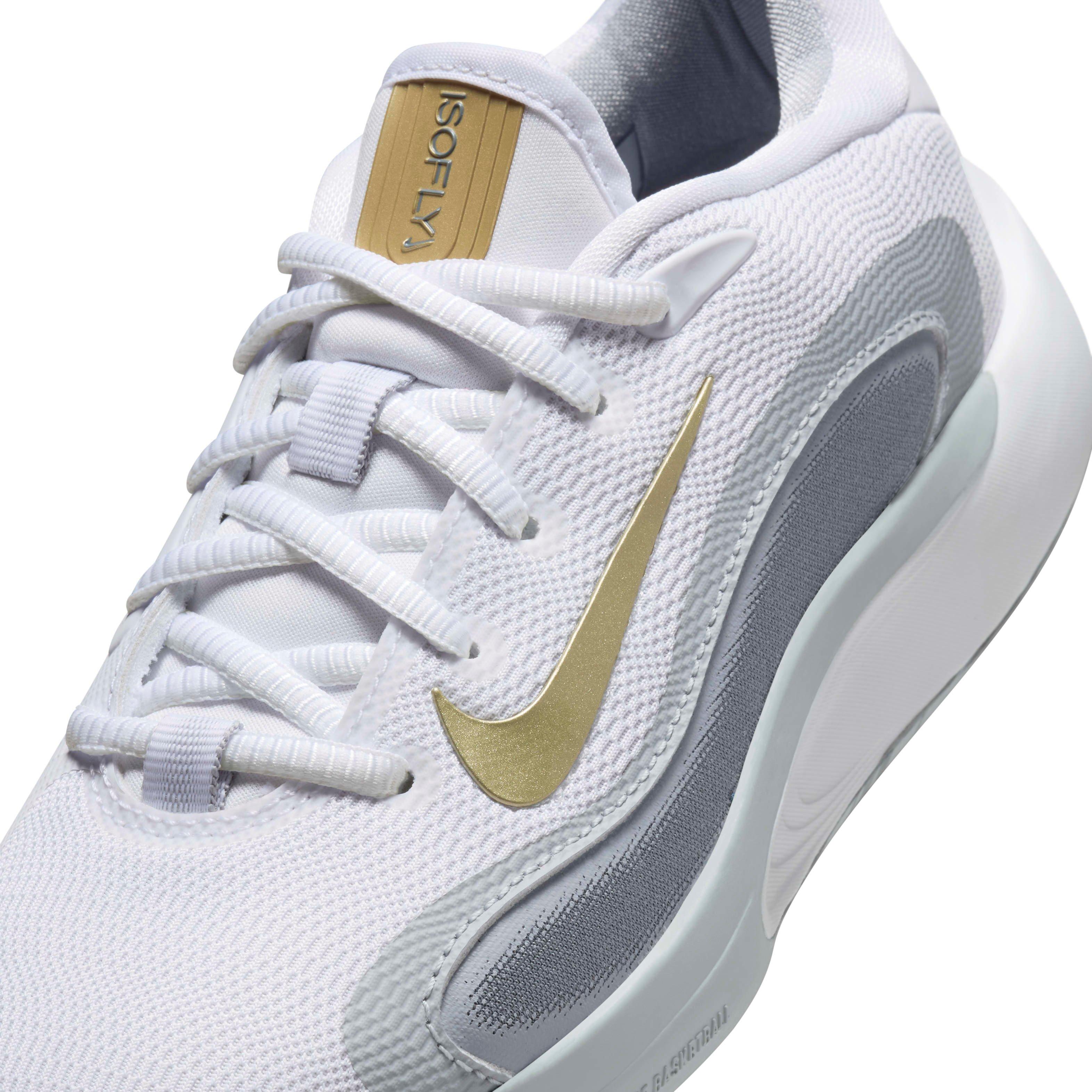 Nike IsoFly Grade School Boys' "White/Cool Grey/Wolf Grey/Metallic Gold Star" Basketball Shoe