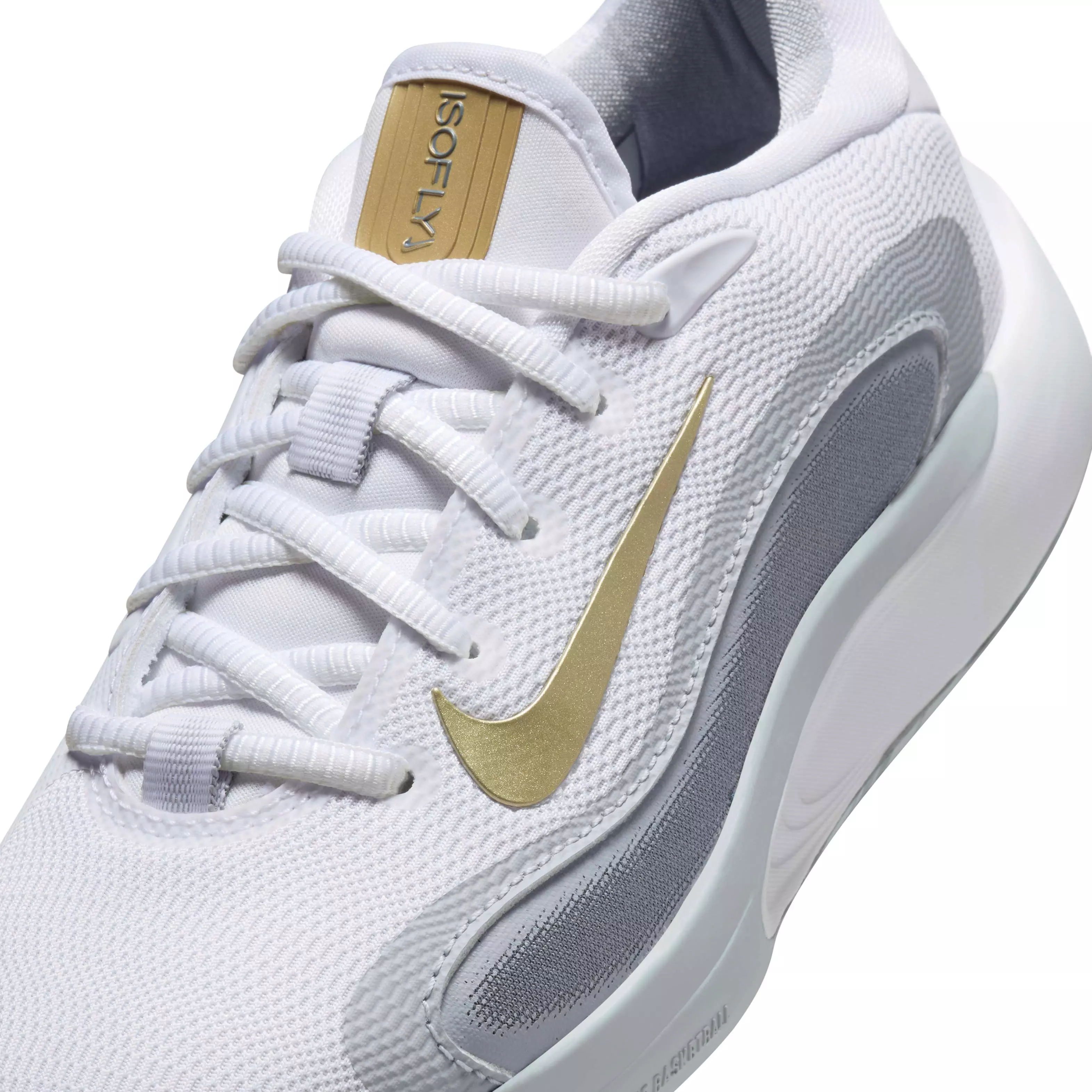 Nike IsoFly "White/Cool Grey/Wolf Grey/Metallic Gold Star" Grade School Boys' Basketball Shoe - WHITE/GREY/GREY/GOLD