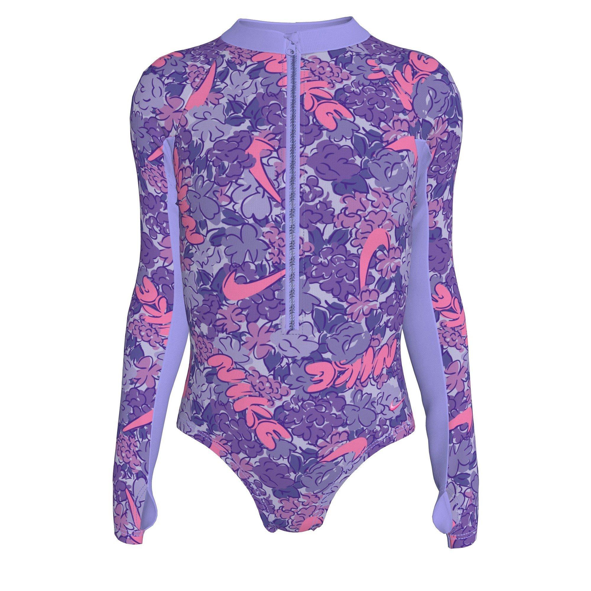 Nike Big Girls' Swim Doodle Floral Long Sleeve One Piece Swimsuit - PURPLE Thumbnail View 3
