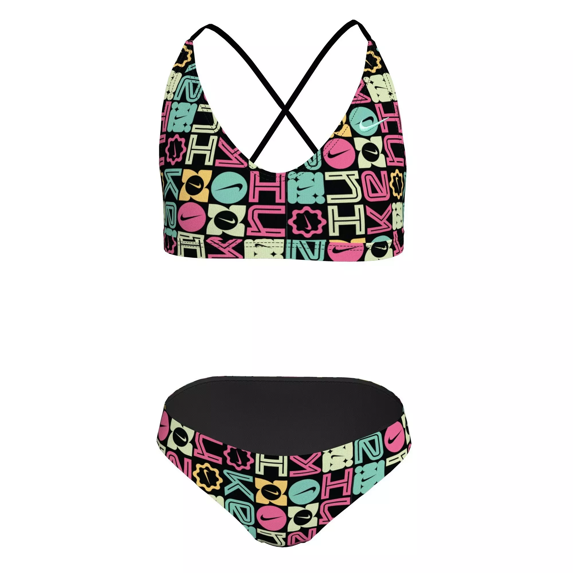 Nike Big Girls' Swim Lace Up Logo Block Bikini - Black - BLACK