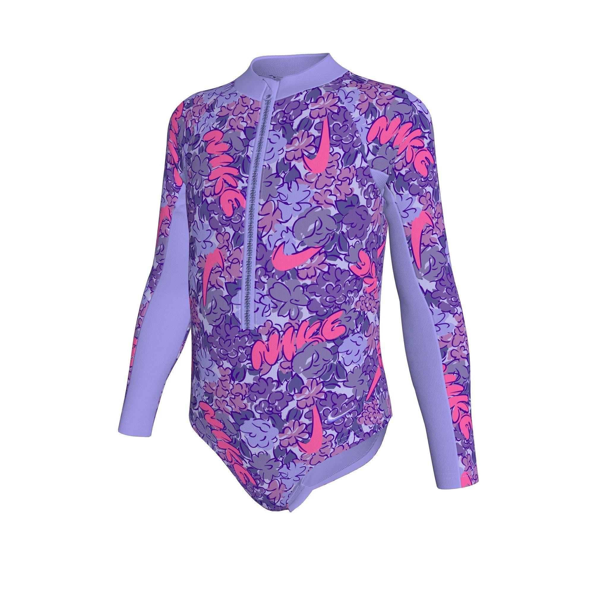 Nike Little Girls' Swim Doodle Floral Long Sleeve One Piece Swimsuit - PURPLE Thumbnail View 1