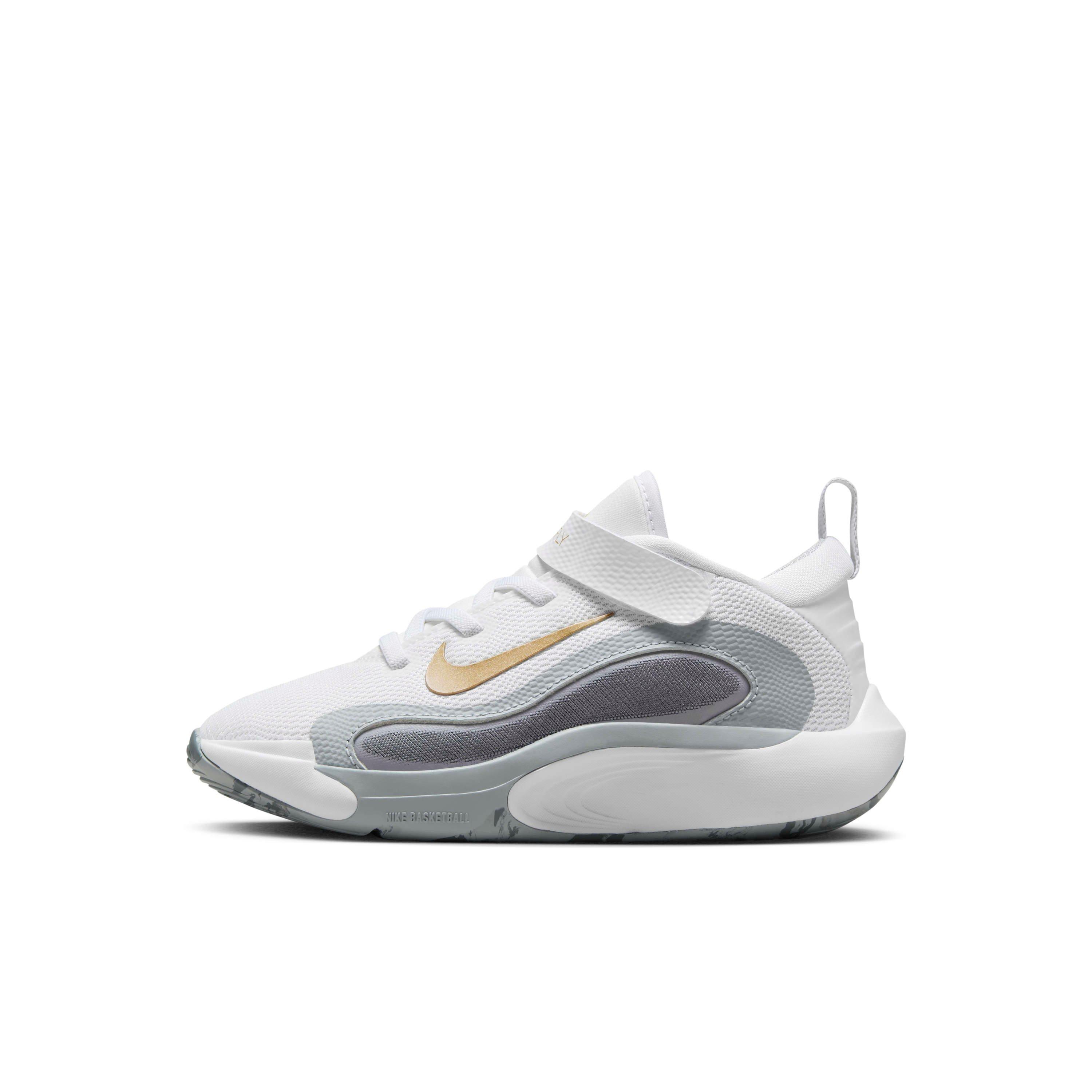 Nike IsoFly Preschool Boys' "White/Cool Grey/Wolf Grey/Metallic Gold Star" Basketball Shoe