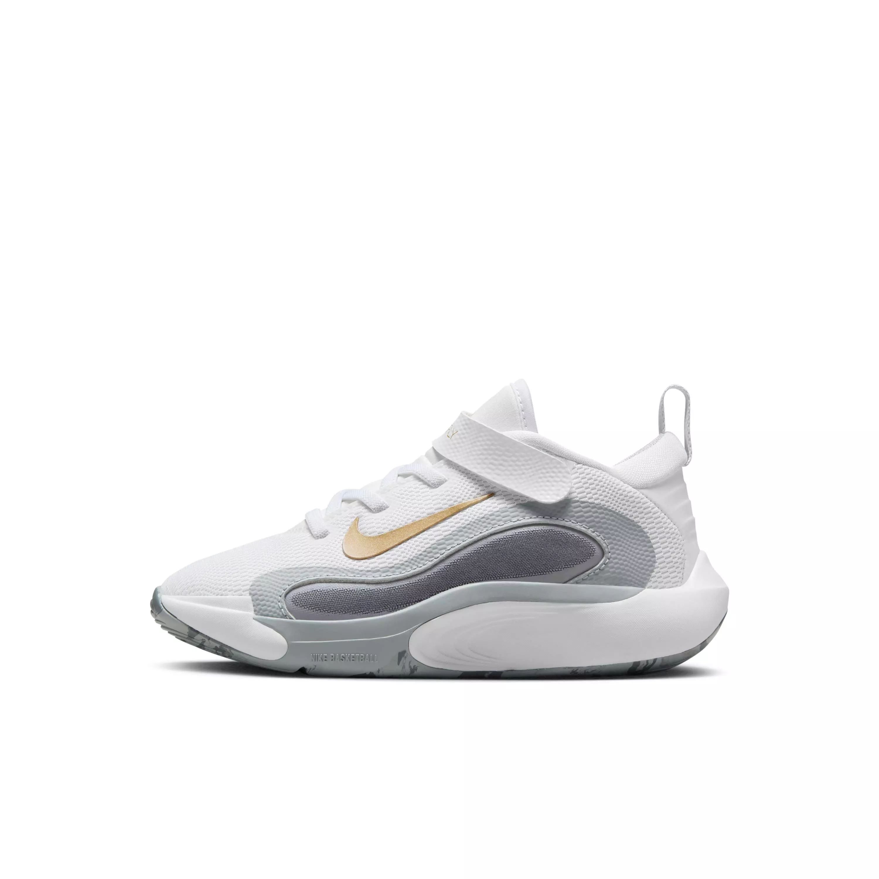 Nike IsoFly "White/Cool Grey/Wolf Grey/Metallic Gold Star" Preschool Boys' Basketball Shoe - WHITE/GREY/GREY/GOLD