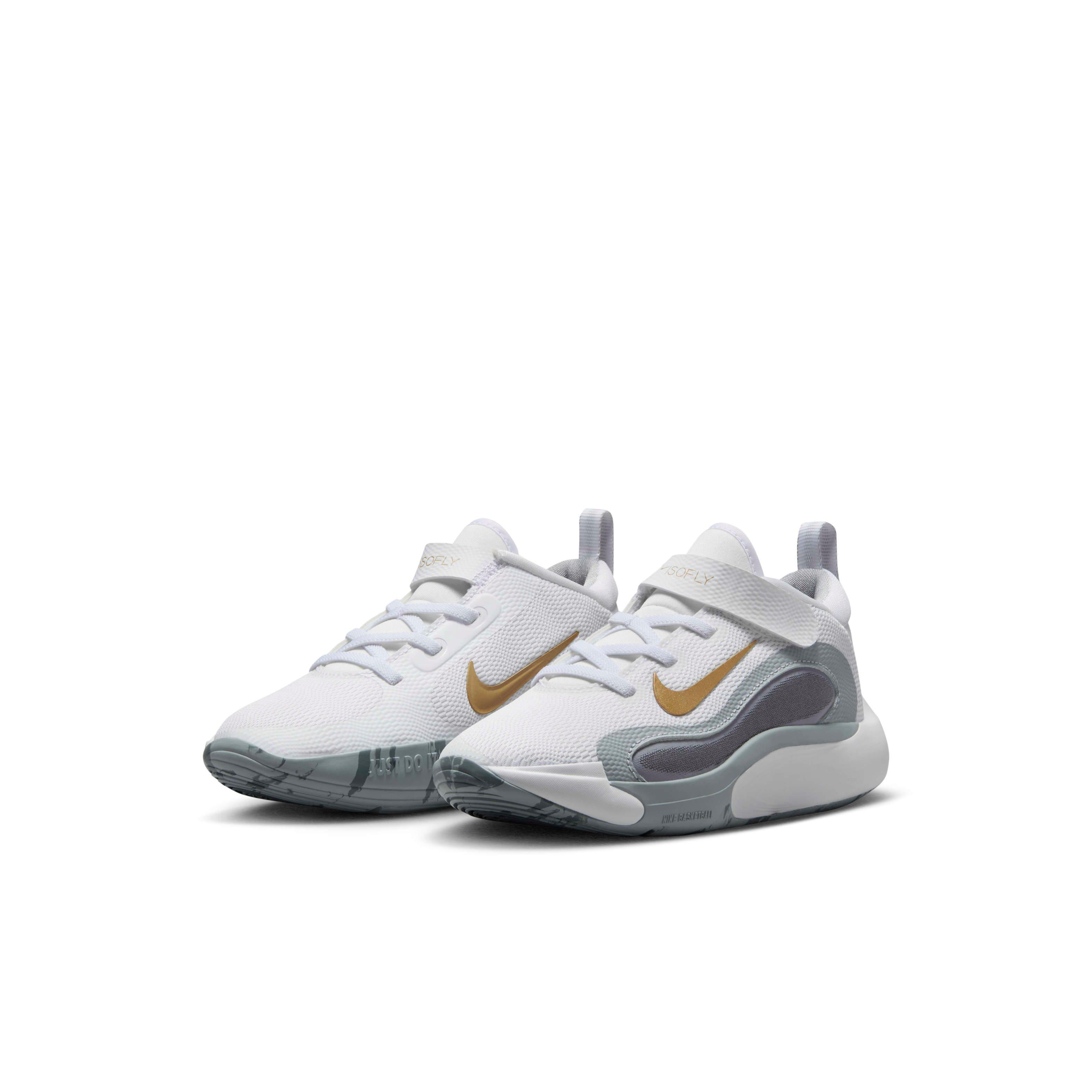 Nike IsoFly Preschool Boys' "White/Cool Grey/Wolf Grey/Metallic Gold Star" Basketball Shoe