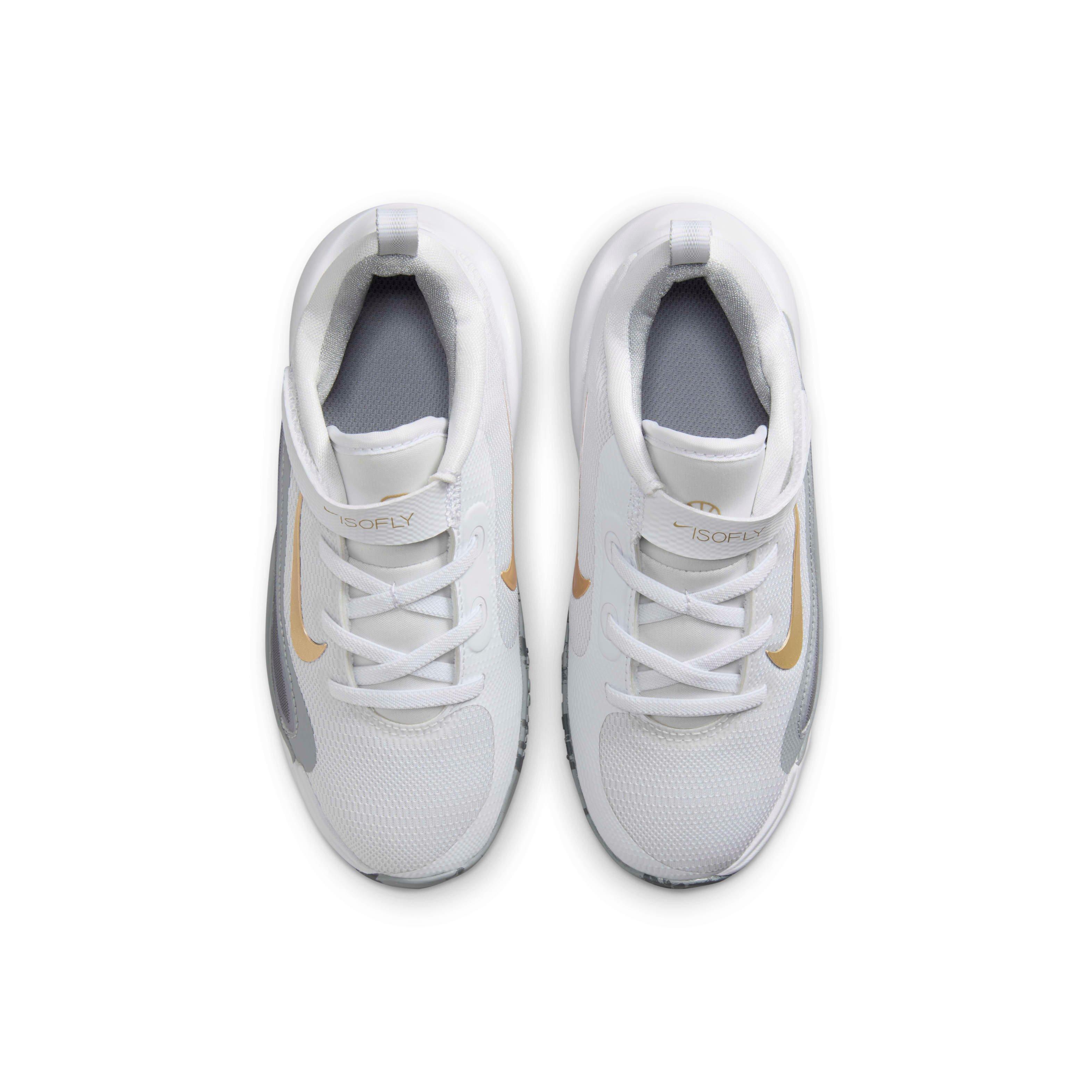 Nike IsoFly Preschool Boys' "White/Cool Grey/Wolf Grey/Metallic Gold Star" Basketball Shoe