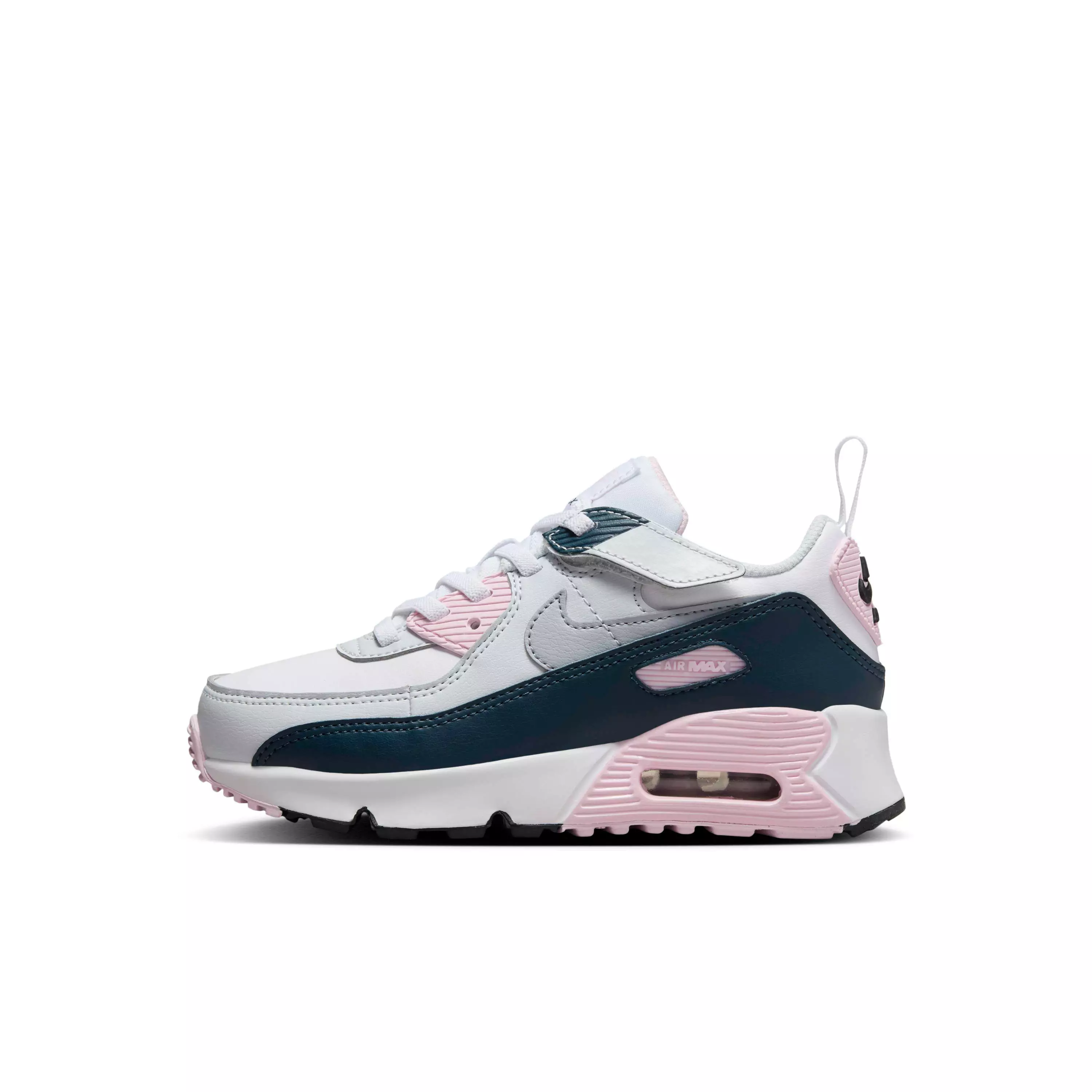 Nike Air Max 90 EasyOn "White/Pink Foam/Armory Navy/Wolf Grey" Preschool Girls' Shoe - WHITE/PINK/NAVY/GREY