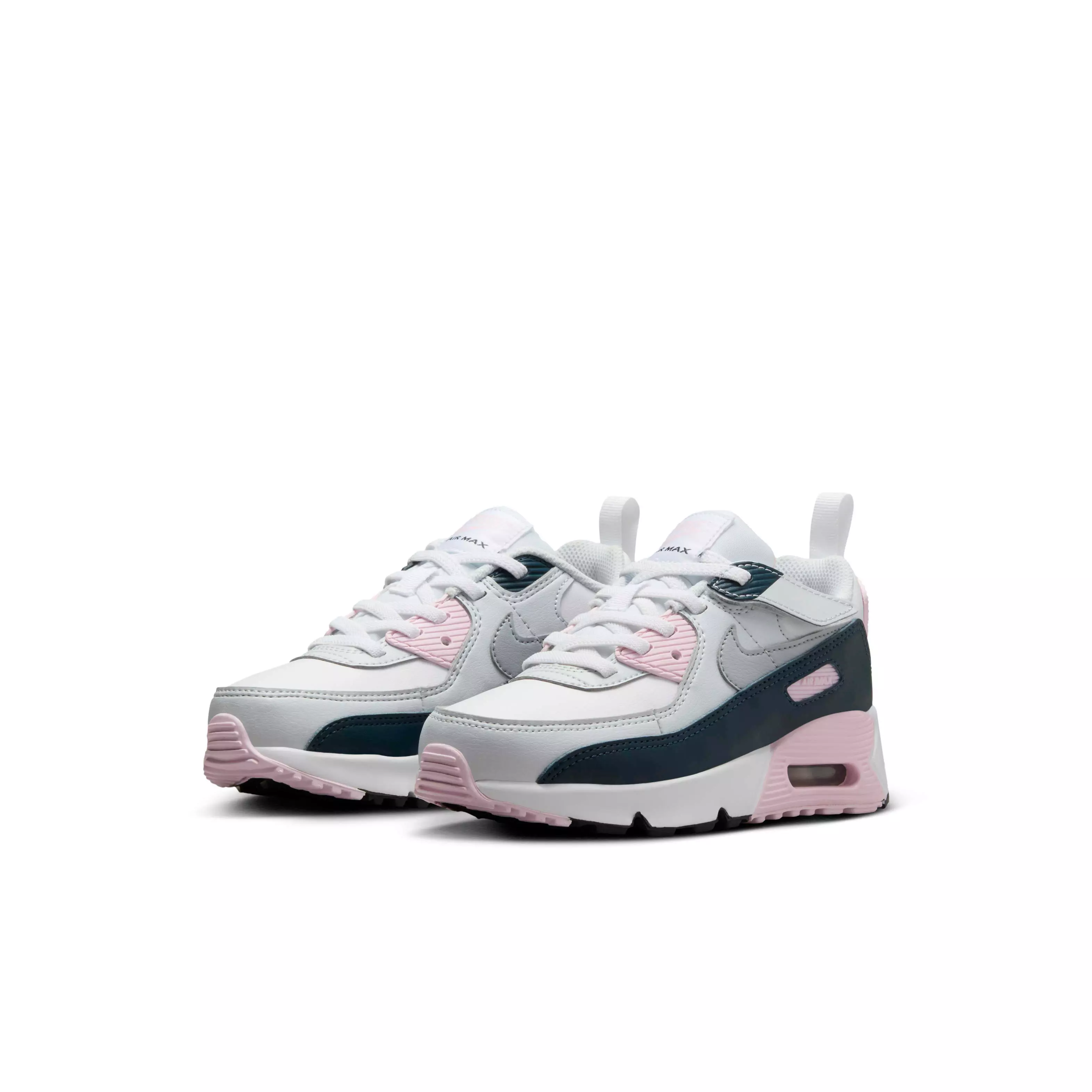 Nike Air Max 90 EasyOn "White/Pink Foam/Armory Navy/Wolf Grey" Preschool Girls' Shoe - WHITE/PINK/NAVY/GREY