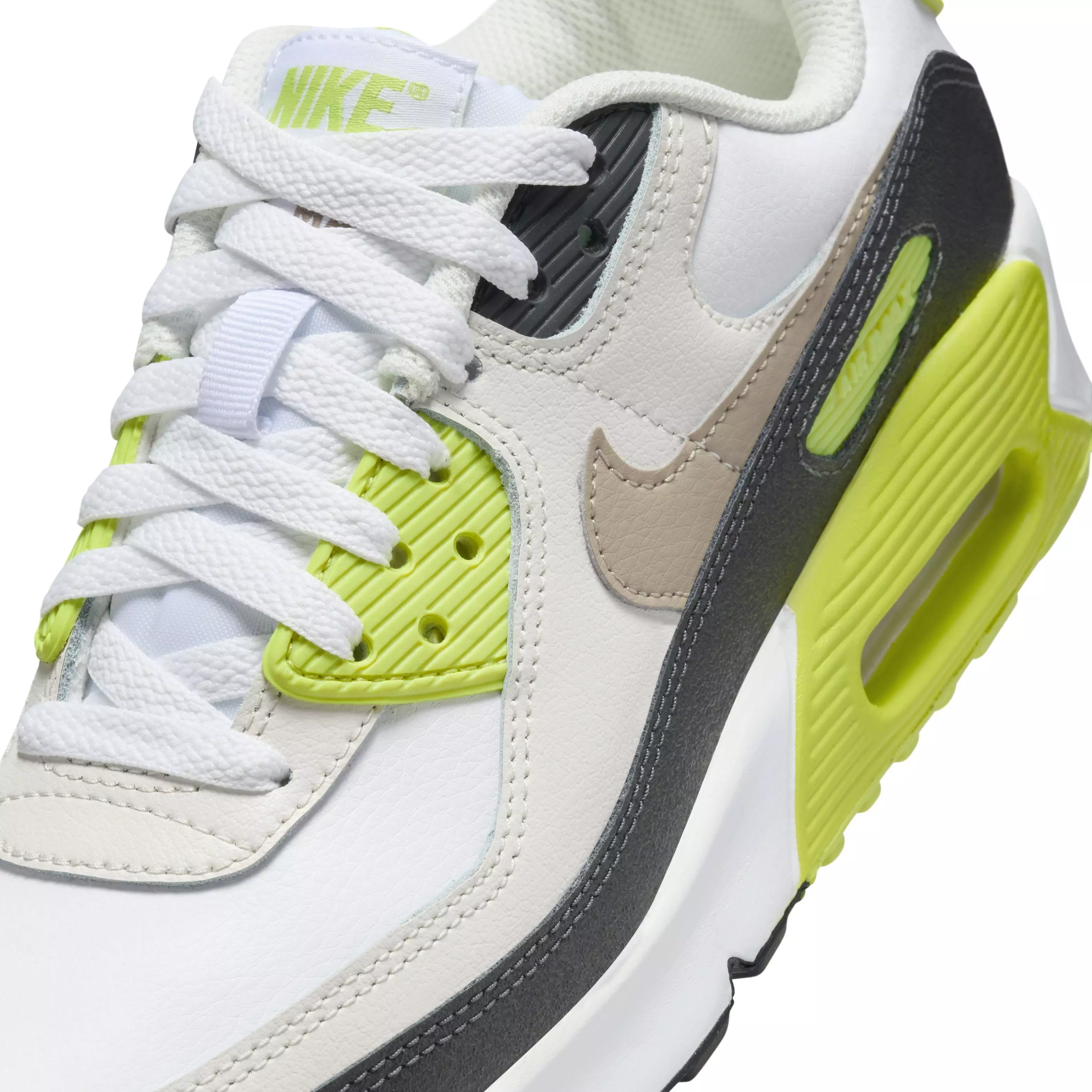 Nike Air Max 90 "White/Cyber/Dark Smoke Grey/Khaki" Grade School Boys' Shoe - WHITE/CYBER/DK GREY/KHAKI