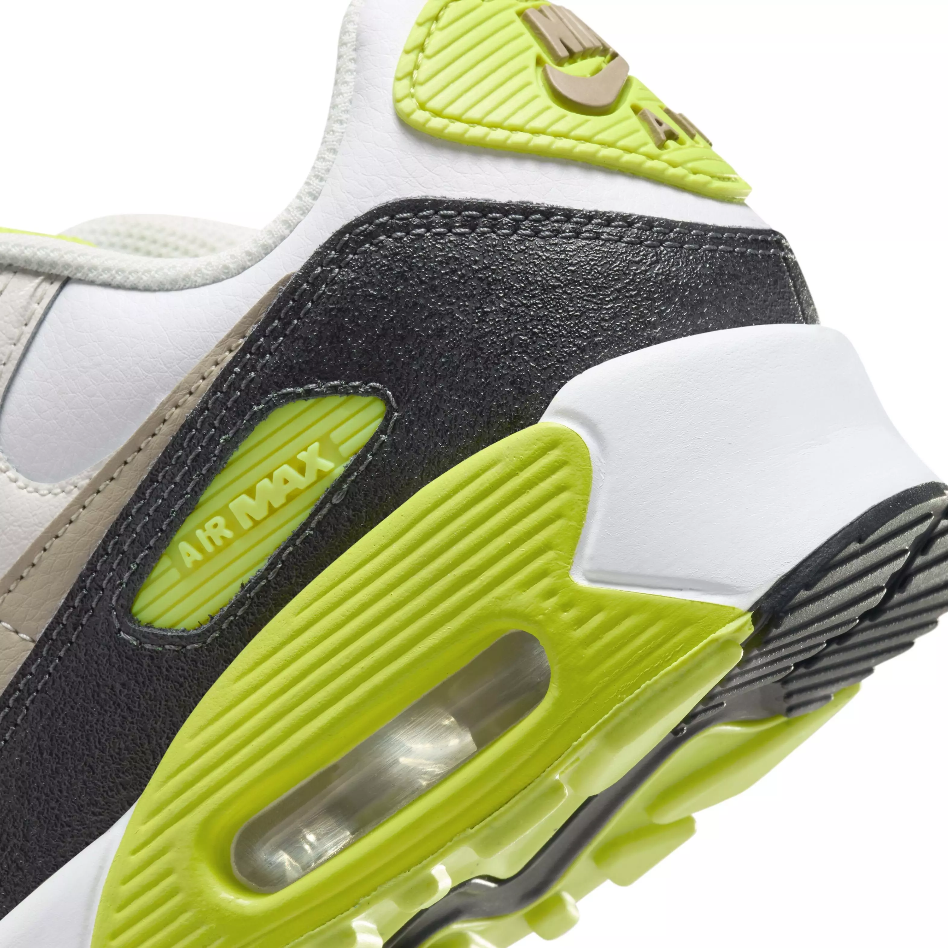 Nike Air Max 90 "White/Cyber/Dark Smoke Grey/Khaki" Grade School Boys' Shoe - WHITE/CYBER/DK GREY/KHAKI