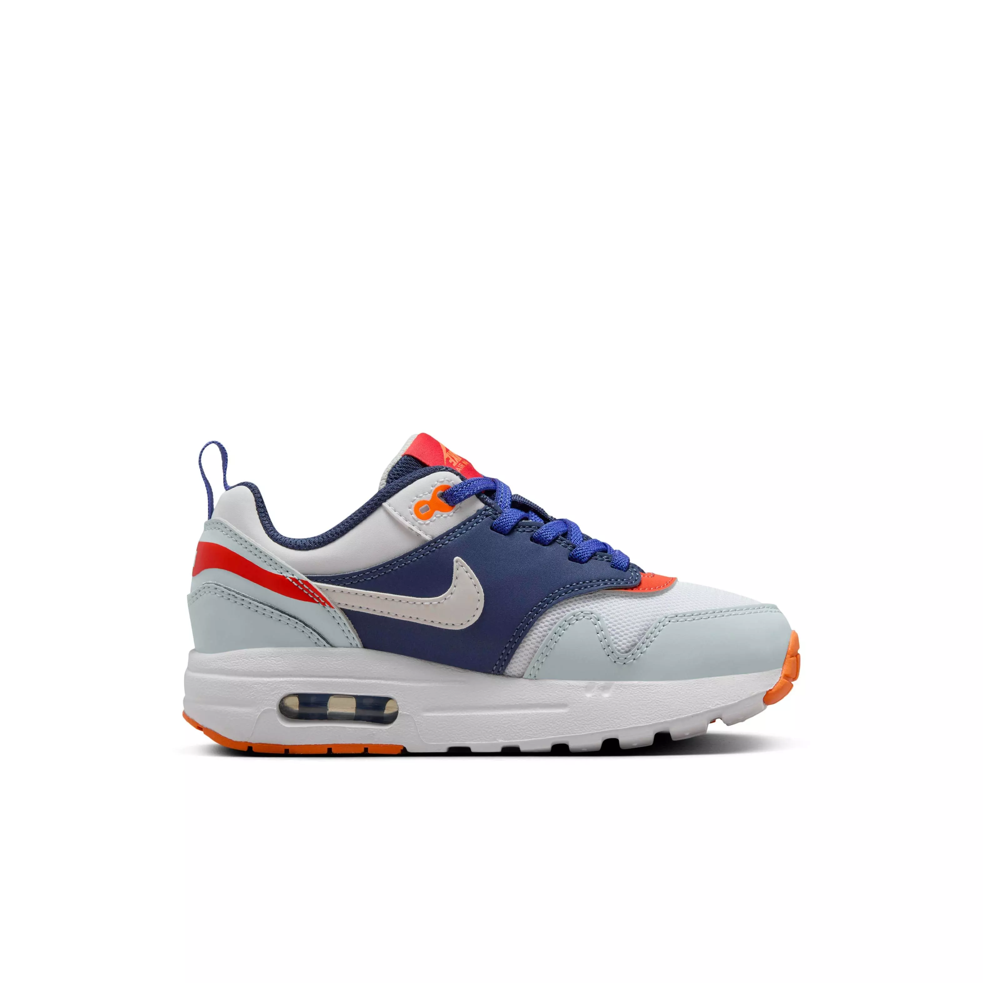 Nike Air Max 1 EasyOn "Light Silver/Midnight Navy/Astronomy Blue/Total Orange" Preschool Boys' Shoe - LT GREY/NAVY/BLUE/ORANGE